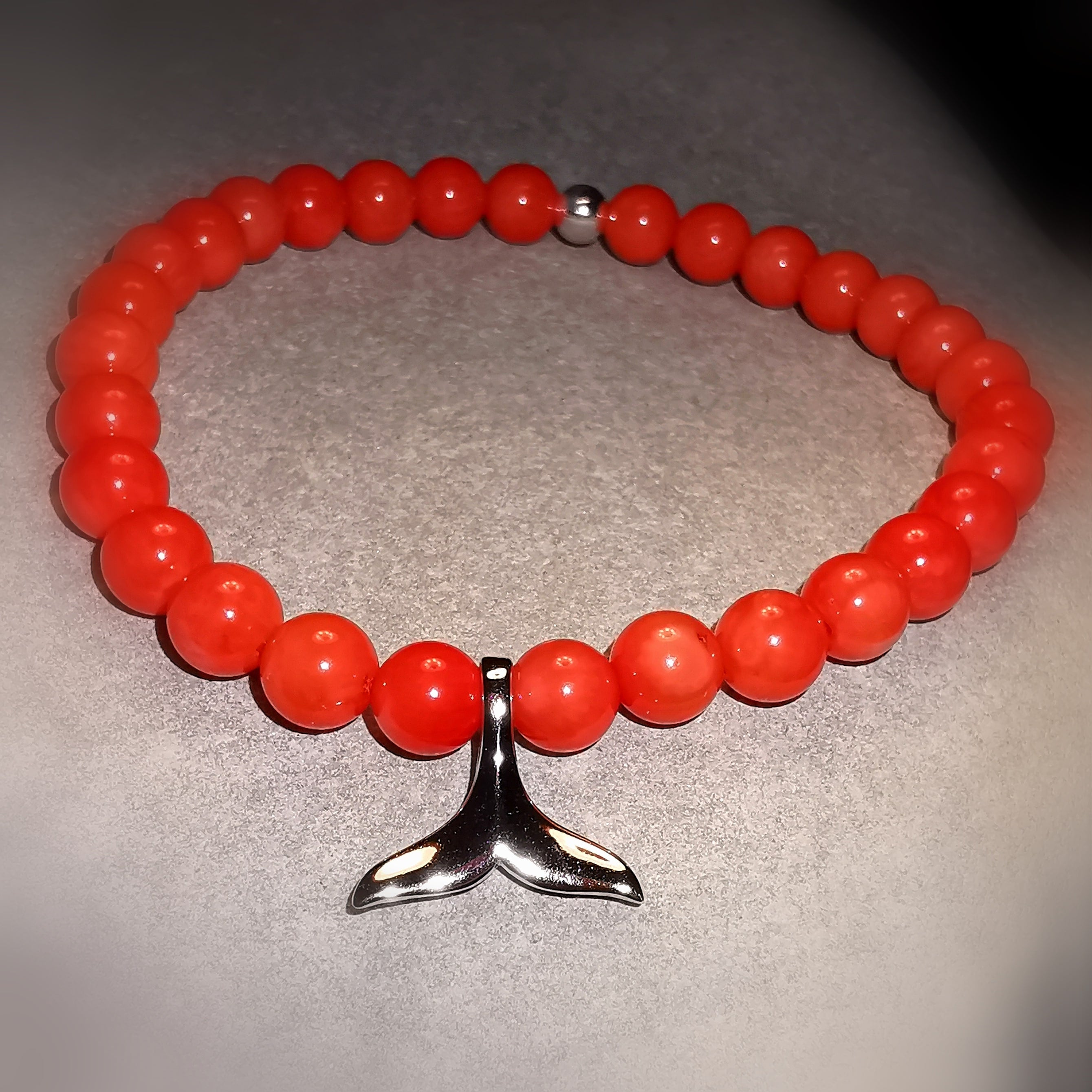 Coral Gemstone Karma Bracelet Power Animal Whale Fin, Salmon Coral, "Energy Boost"
