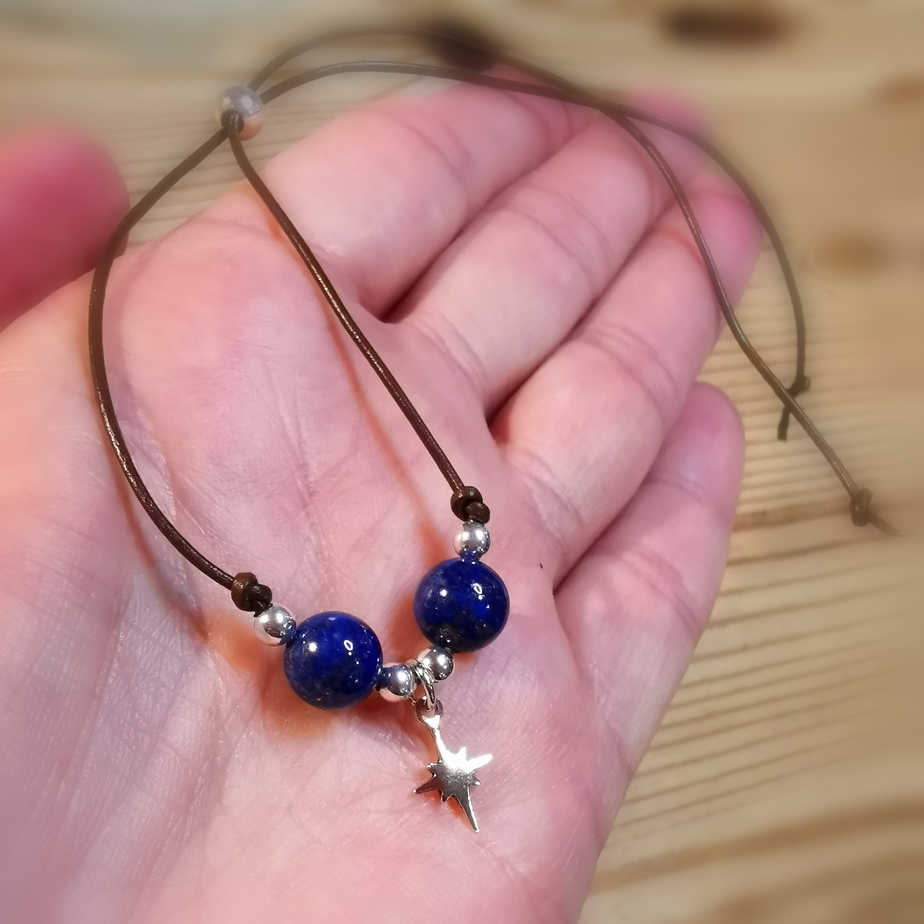 Lapislazuli Polarstern Edelstein Sterlingsilber Leder Karma Armband, edles Hippie Design, Aura Kraft