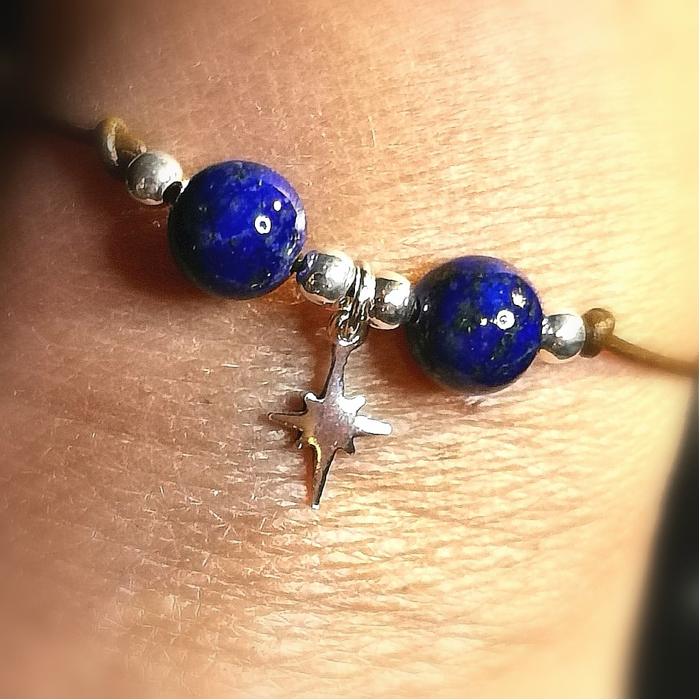 Lapislazuli Polarstern Edelstein Sterlingsilber Leder Karma Armband, edles Hippie Design, Aura Kraft