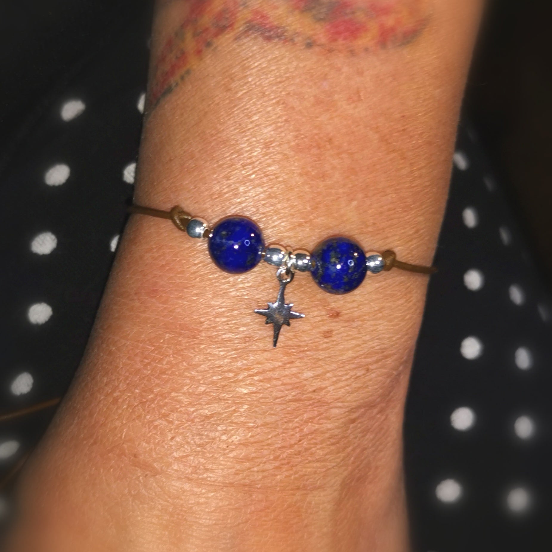Lapislazuli Polarstern Edelstein Sterlingsilber Leder Karma Armband, edles Hippie Design, Aura Kraft