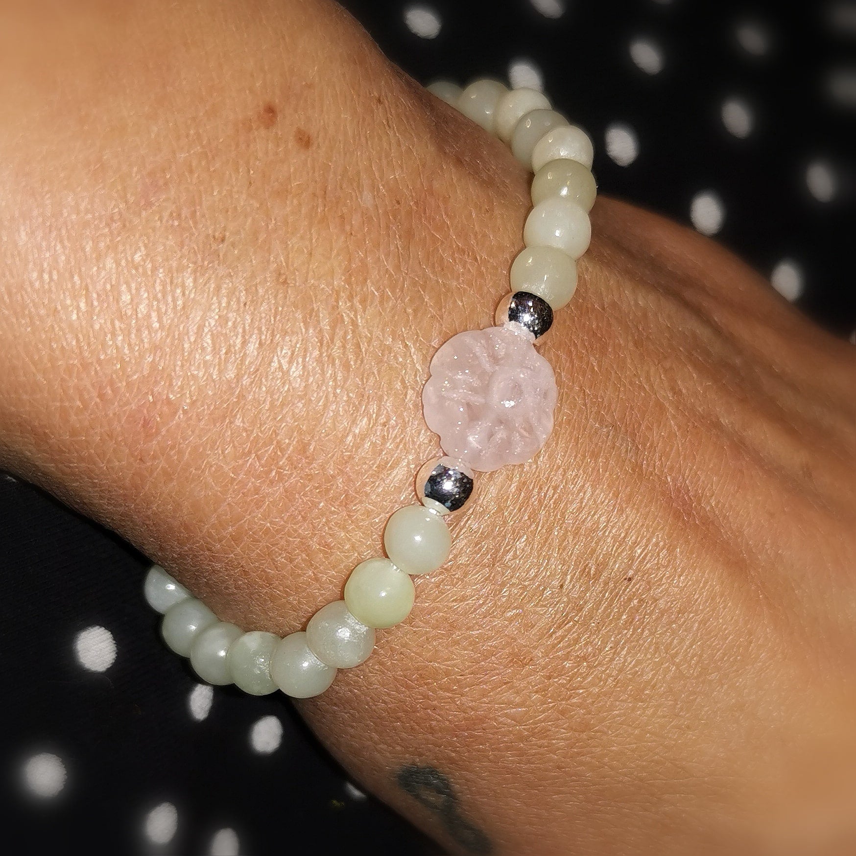 Jade Rosenquarz Edelstein Lebensblume Karma Armband, Serpentin, Aura Chakra Energie Ausgleich, Einklang, samaki
