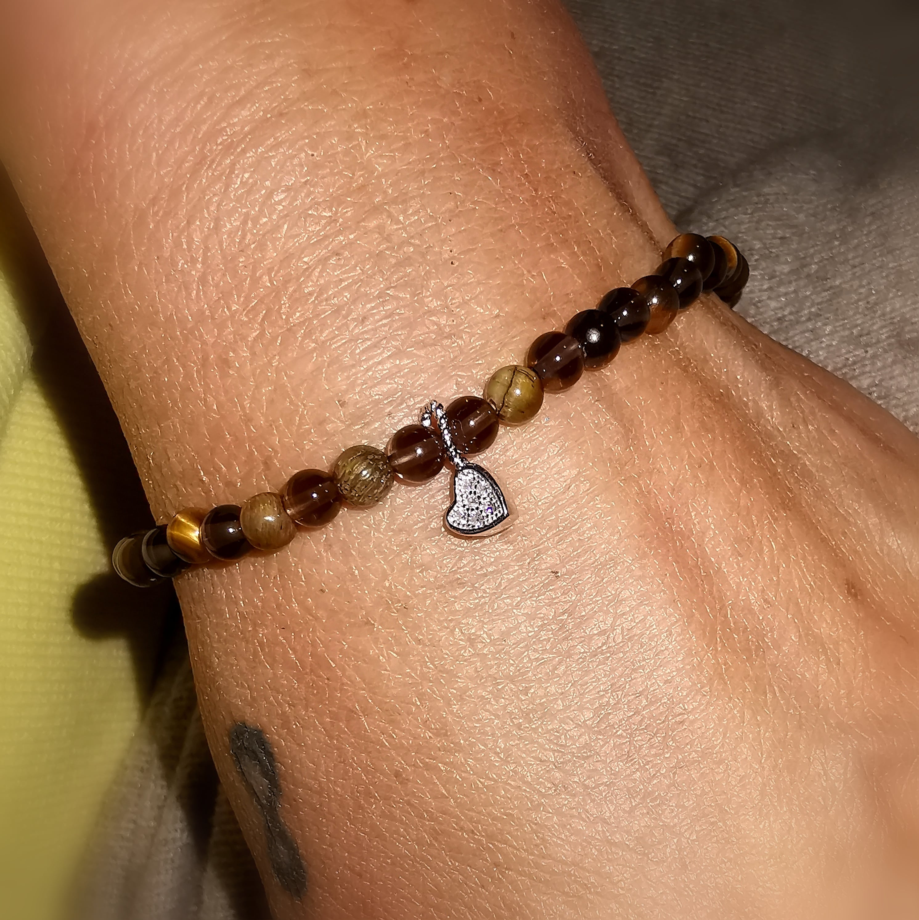Rauchquarz Tigerauge Edelstein Herz Zirkon Karma Armband, Aura Kraft, Herz und Verstand, Sicherheit, samaki