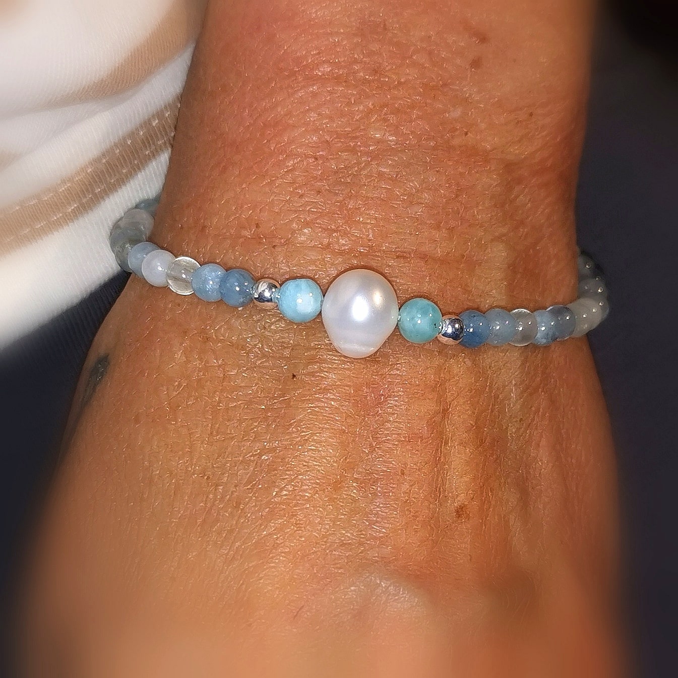 Larimar Aquamarin Perle: Edelstein Heilstein Harmonie, Aura Chakra Karma Armband, das Leben genießen, samaki