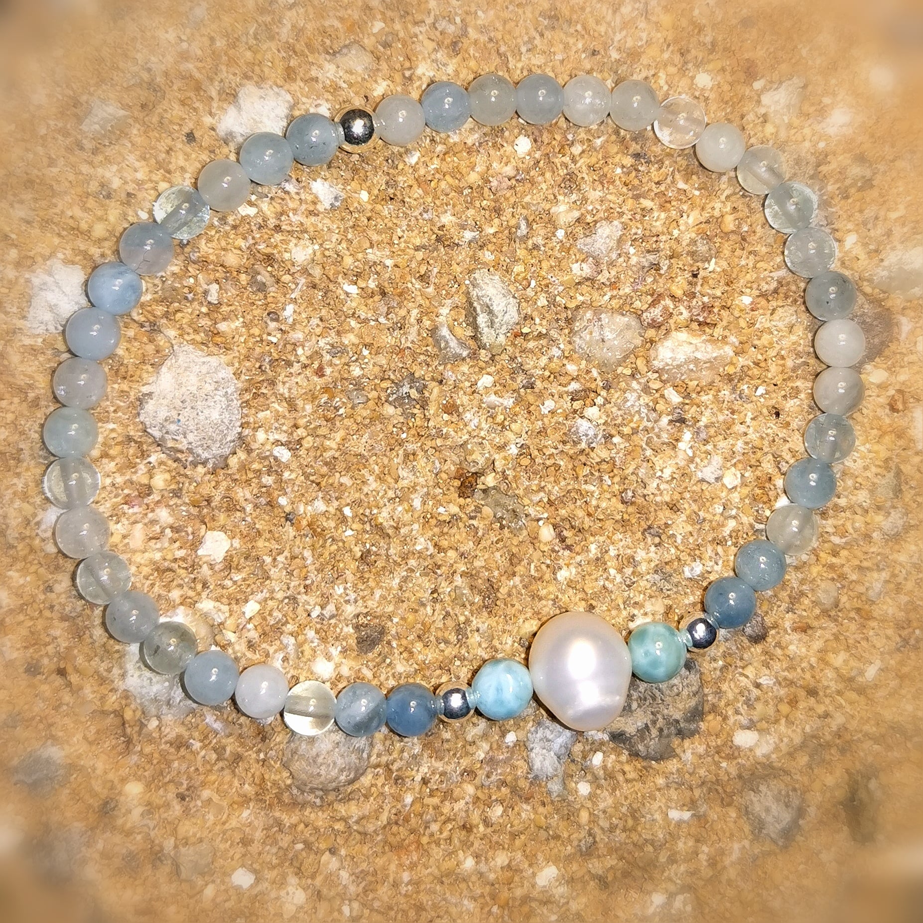 Larimar Aquamarin Perle: Edelstein Heilstein Harmonie, Aura Chakra Karma Armband, das Leben genießen, samaki