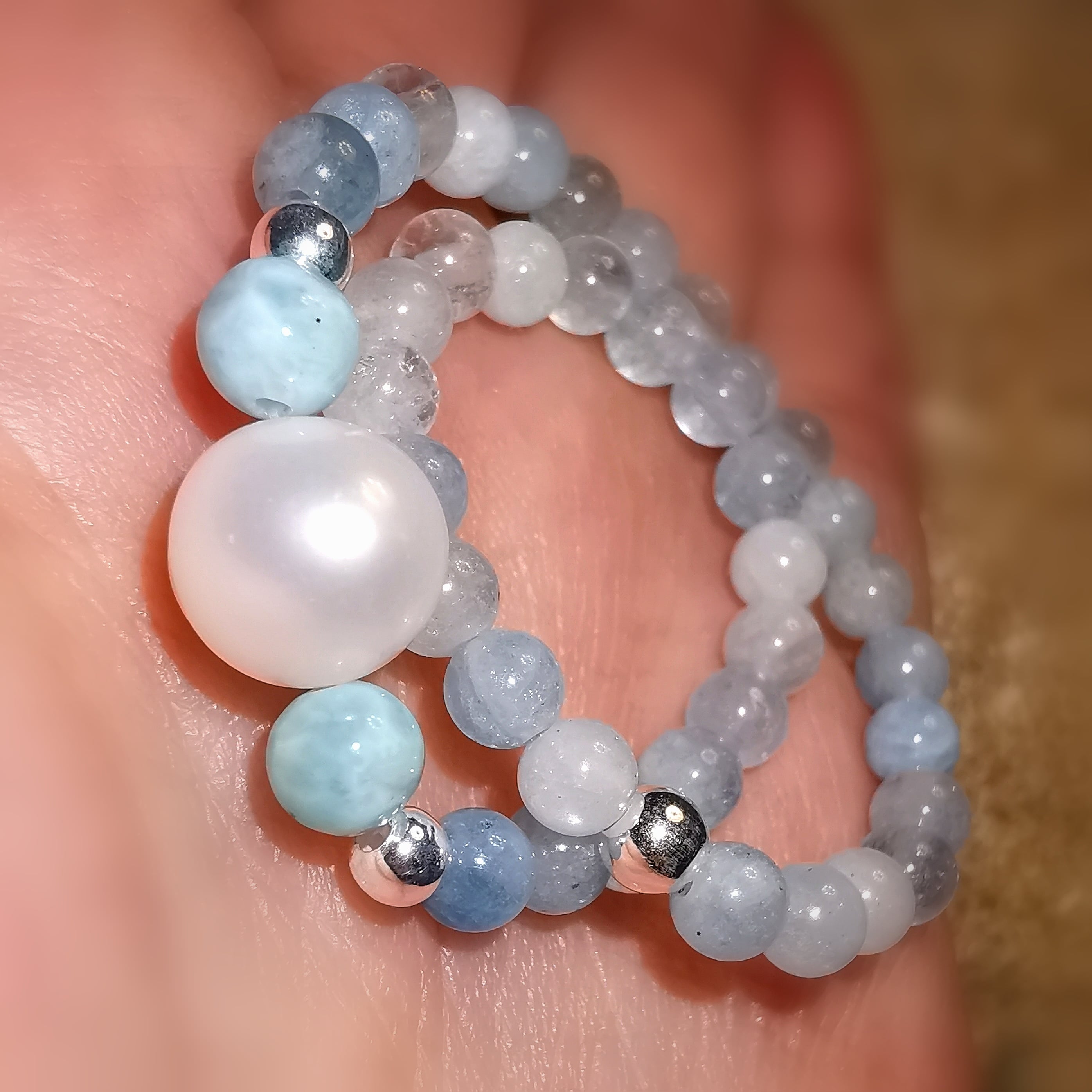 Larimar Aquamarin Perle: Edelstein Heilstein Harmonie, Aura Chakra Karma Armband, das Leben genießen, samaki