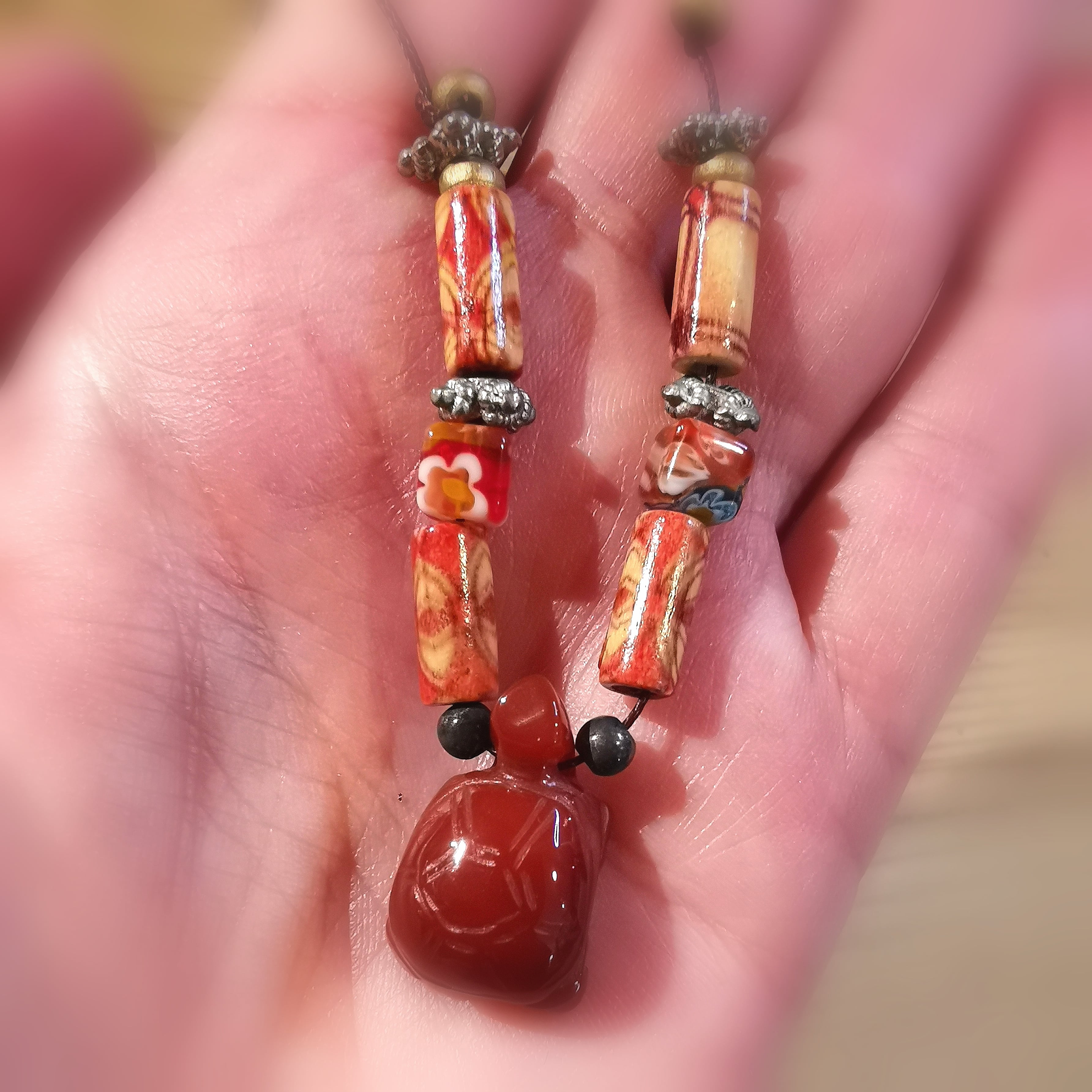 Karneol Achat Edelstein Karma Kette, Krafttier Schildkröte, edle Hippie Mode, Lebensfreude in Gelassenheit, samaki