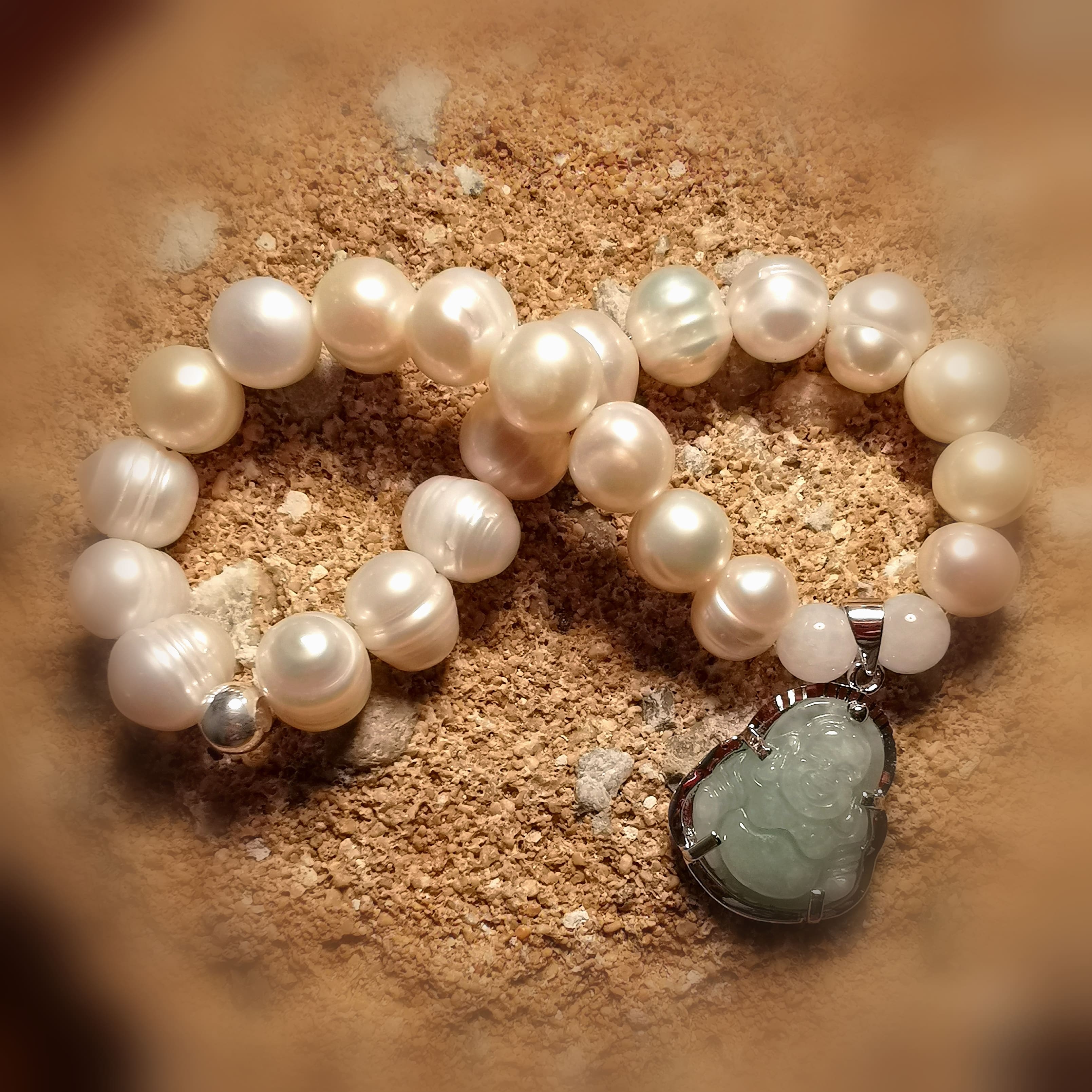 Buddha Karma Edelstein Armband, Perle Mondstein Jade Heilstein Design Schmuck, Bu Dai, im Glück und Frieden, samaki