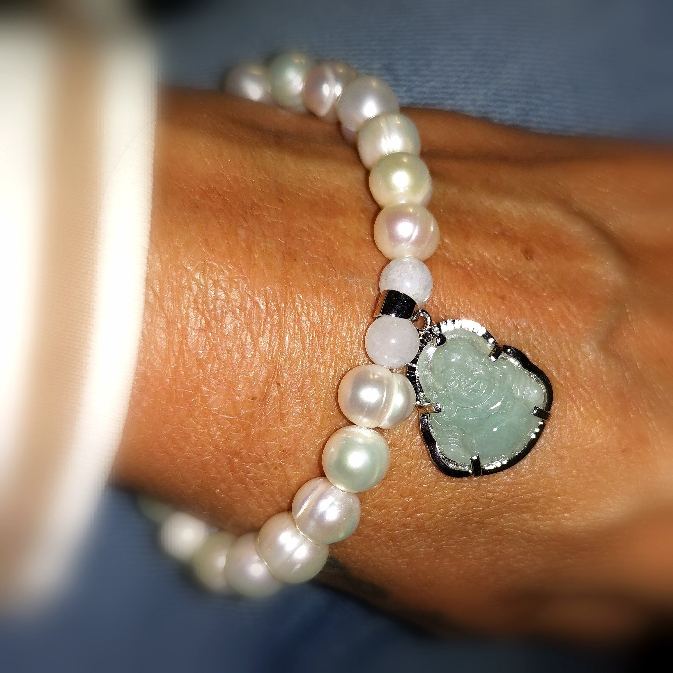 Buddha Karma Edelstein Armband, Perle Mondstein Jade Heilstein Design Schmuck, Bu Dai, im Glück und Frieden, samaki