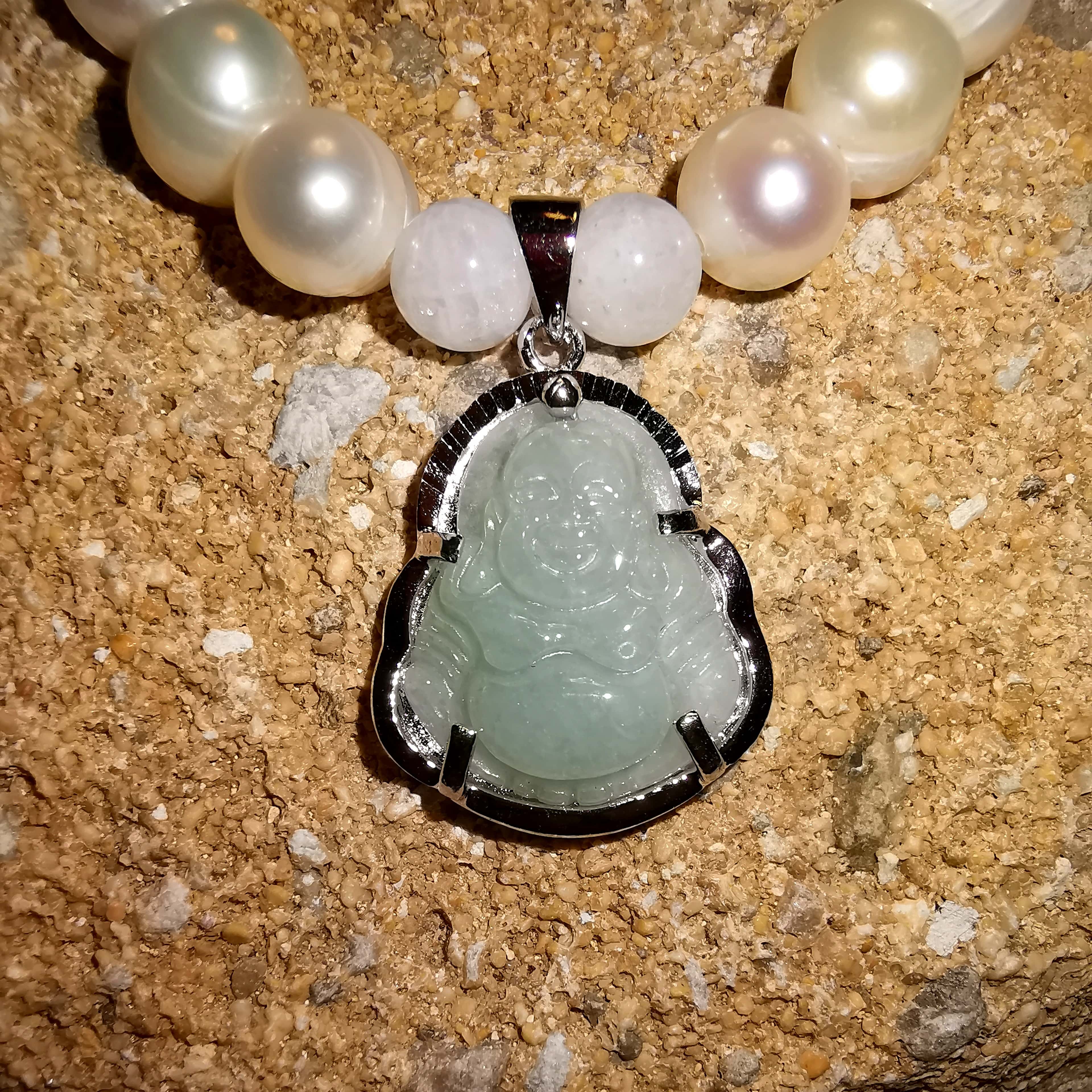 Buddha Karma Edelstein Armband, Perle Mondstein Jade Heilstein Design Schmuck, Bu Dai, im Glück und Frieden, samaki