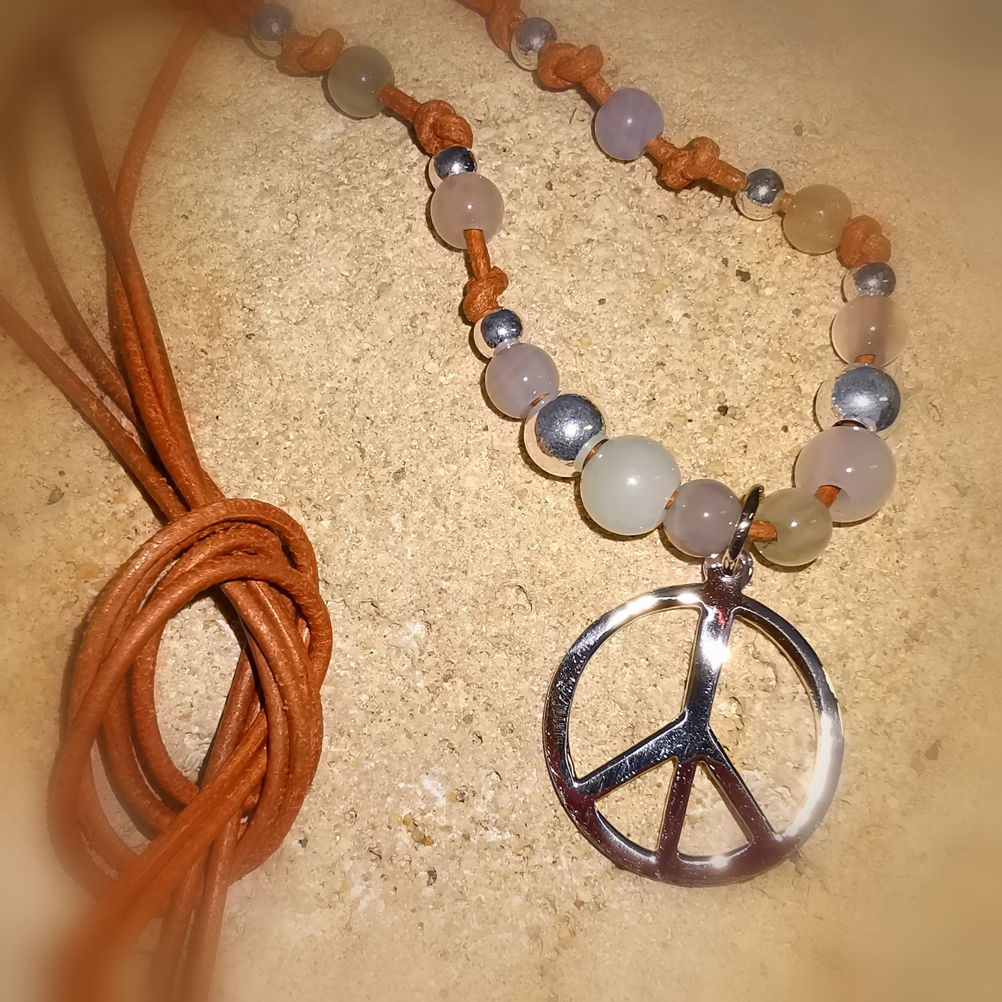 Frieden - Peace - Paz, Hippie Mode Design Karma Kette, Sterlingsilber und Edelsteine, leichtes Herz, samaki