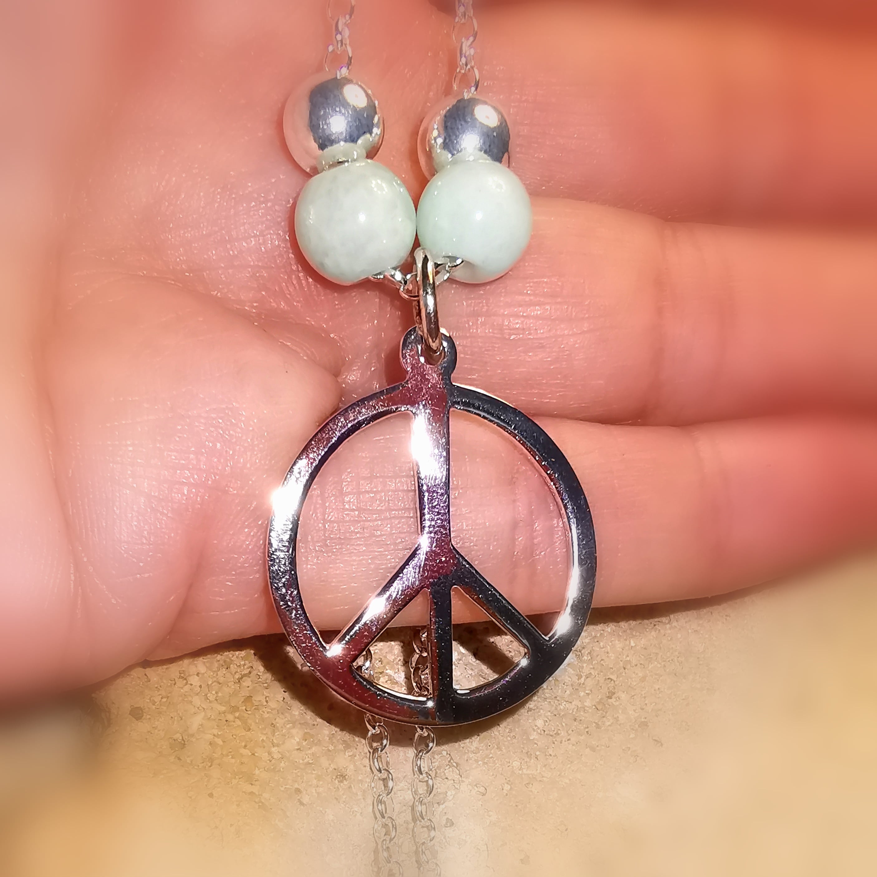 Frieden - Peace - Paz, Sterlingsilber Amazonit Edelstein Design Karma Kette, freies Herz
