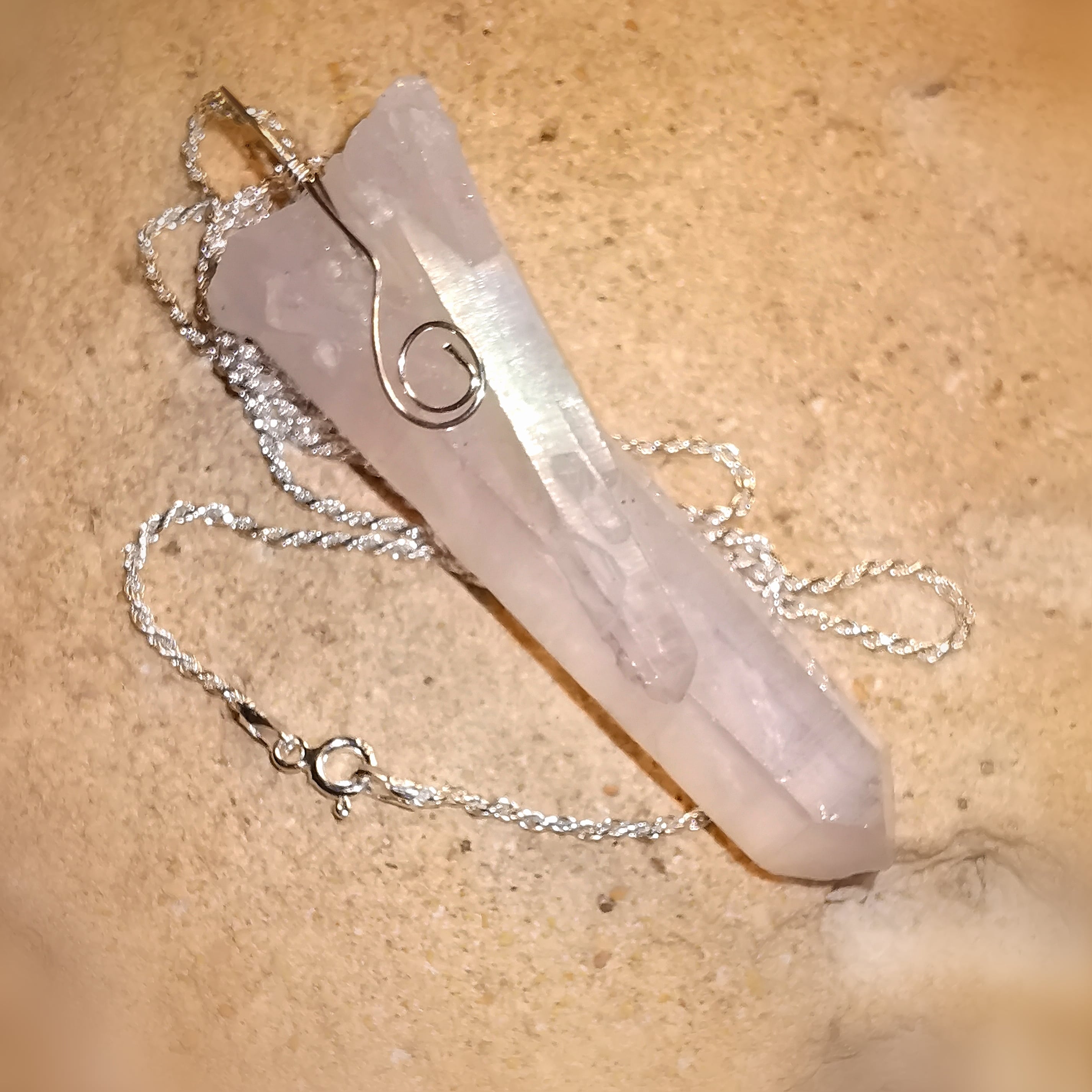 Angel Aura Bergkristall Edelstein XL: 70 cm Sterlingsilber Heilstein Karma Kette, Vitalität und Harmonie, samaki