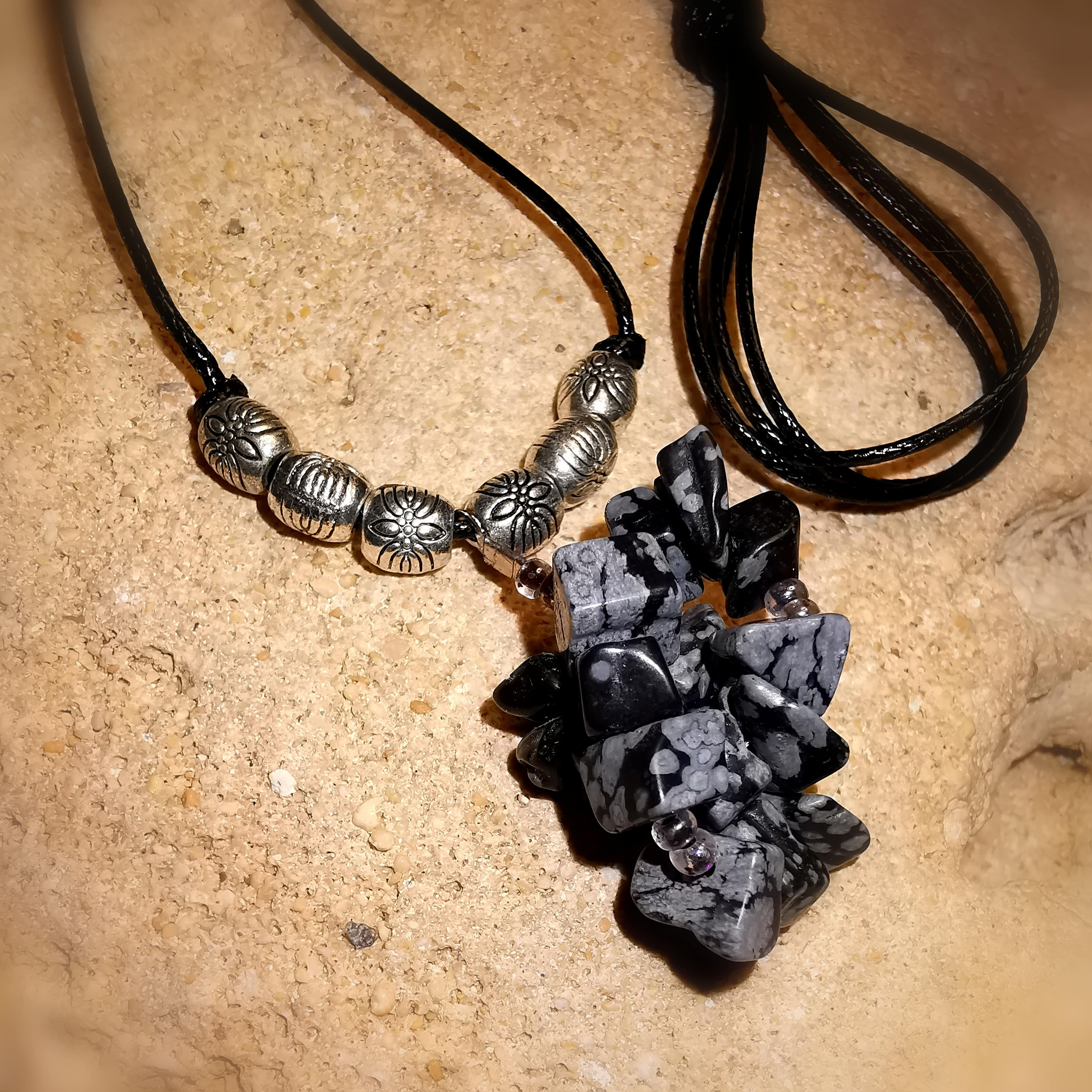 Schneeflocken Obsidian Hippie Karma Kette, Edelstein Heilstein Aura Schutz, lichtvolle Wege, samaki