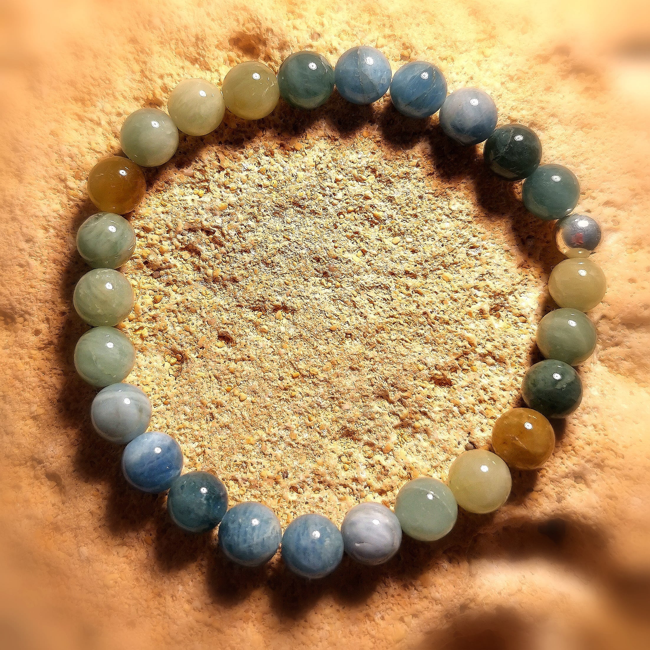Aquamarin und Heliodor unisex Karma Edelstein Armband, blau bunt, Heilsteine - Durchatmen