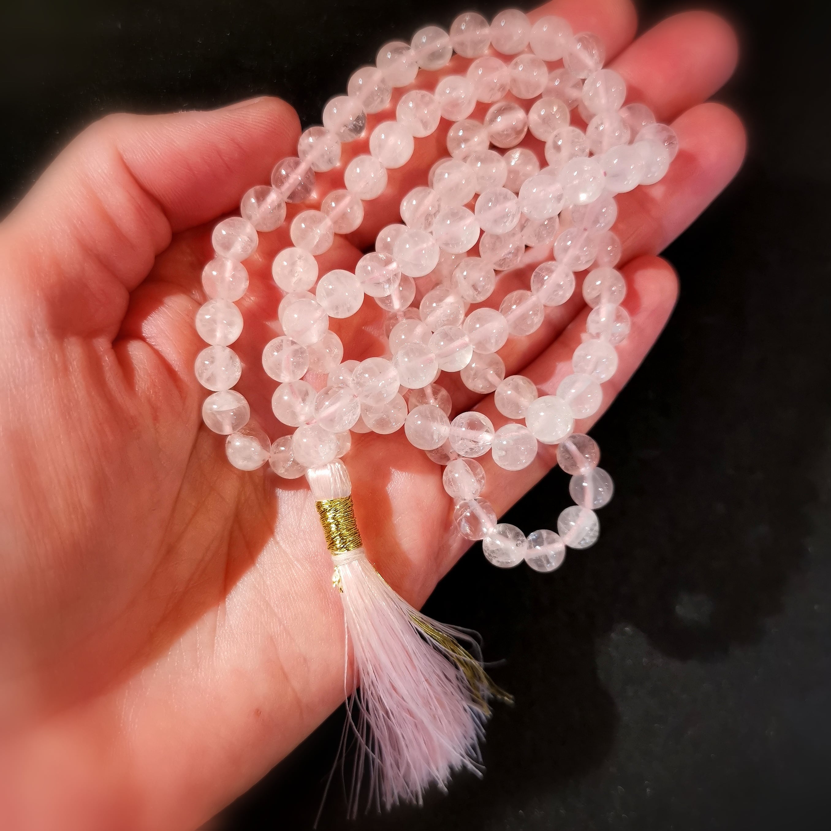 Rosenquarz Edelstein Heilstein Mala, Gebetskette mit rosa Quaste