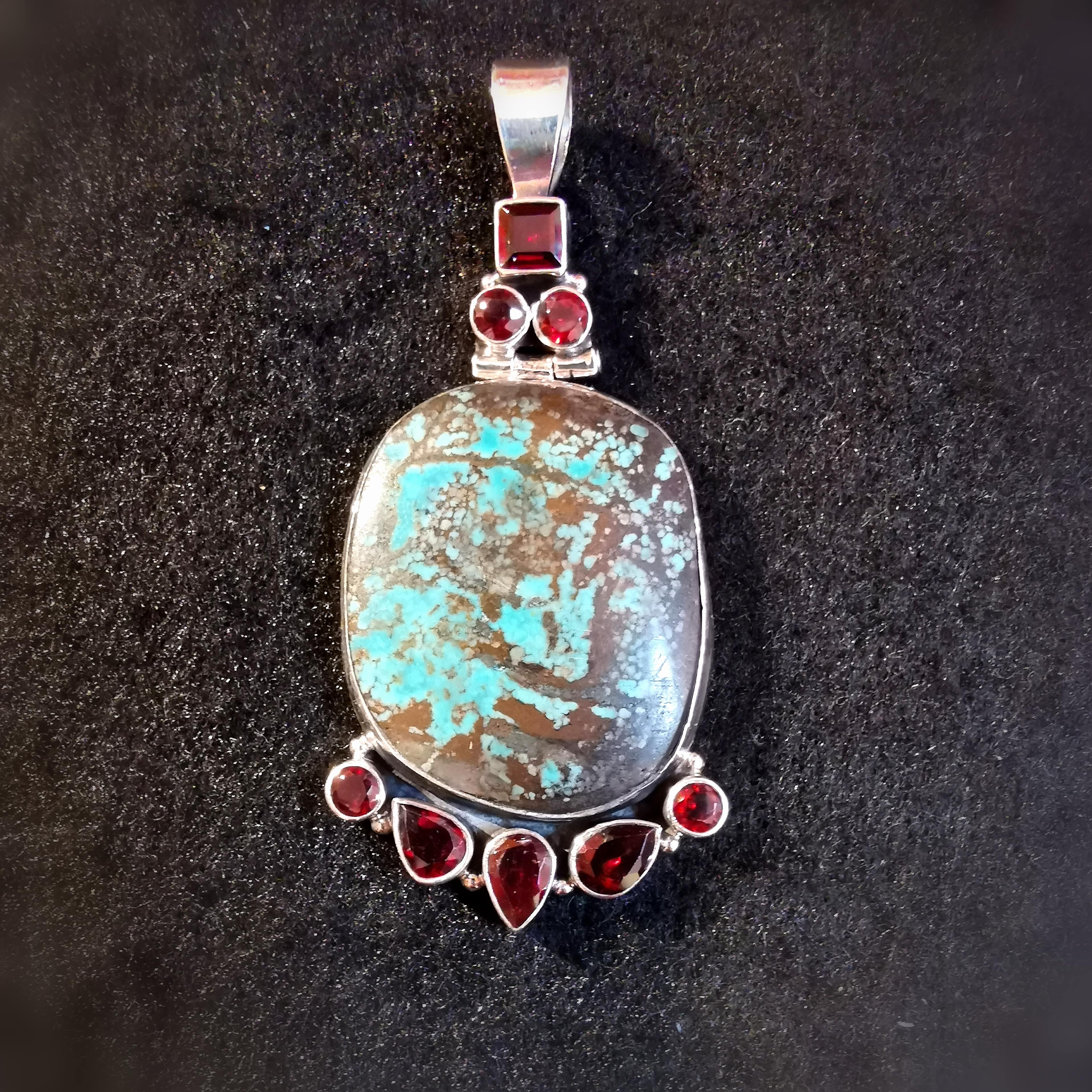 großer Türkis Granat Edelstein Heilstein Sterlingsilber Anhänger - Kraft und Freiheit