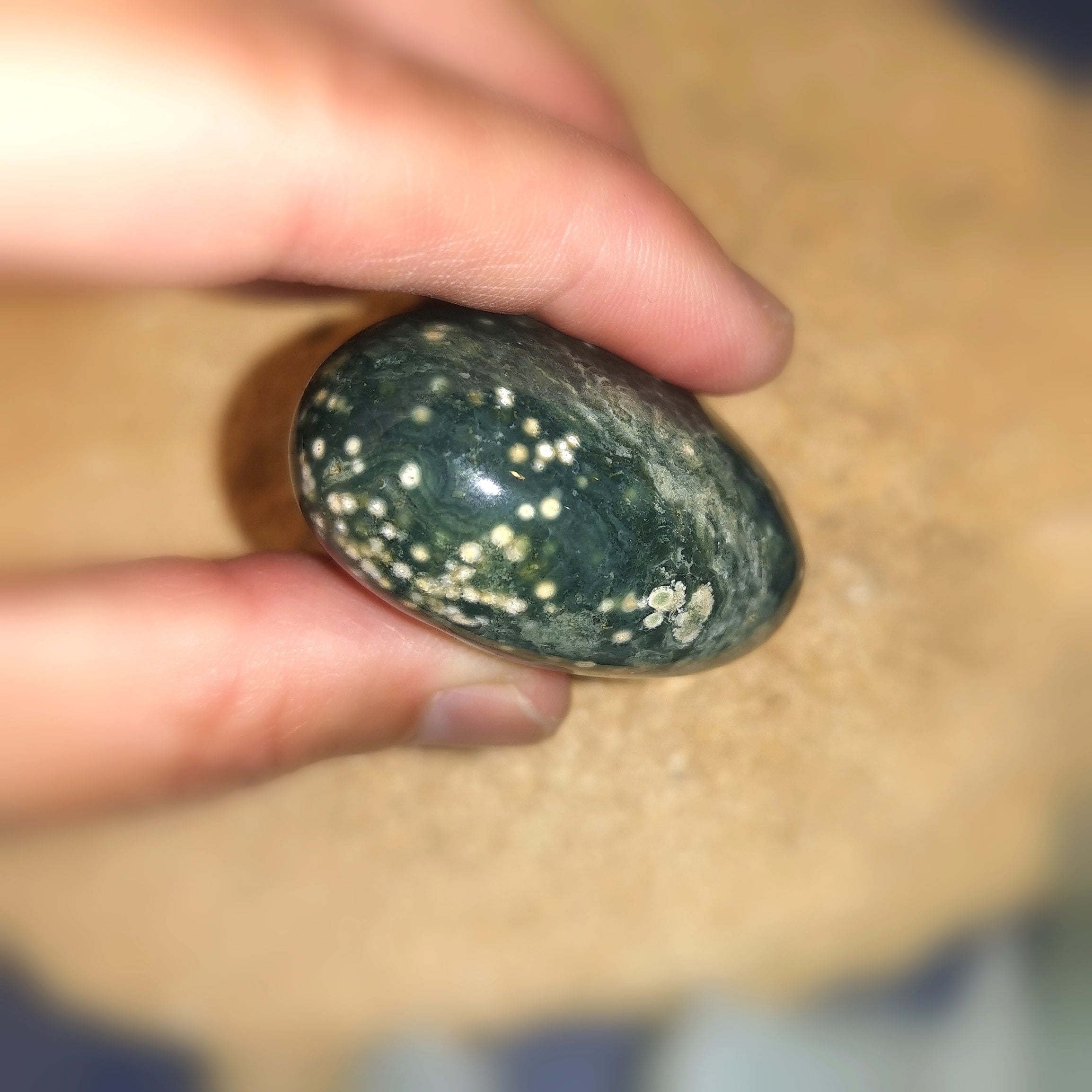 Ozean Jaspis Grün Blau Unikat üppiger Handschmeichler Herz zur Entspannung und Meditation, Chakra Heilstein