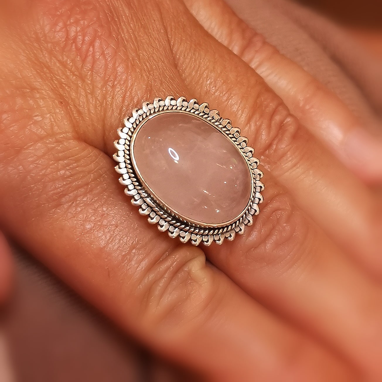 großer Rosenquarz Heilstein Edelstein Natur Sterlingsilber Ring - Größe verstellbar - Liebe und Zufriedenheit