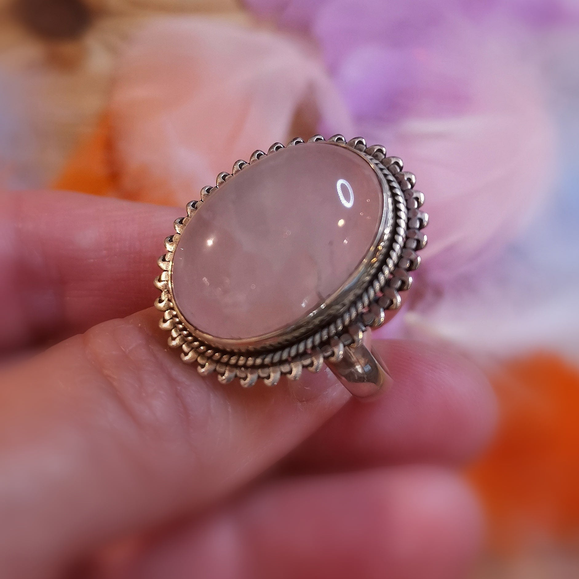 großer Rosenquarz Heilstein Edelstein Natur Sterlingsilber Ring - Größe verstellbar - Liebe und Zufriedenheit