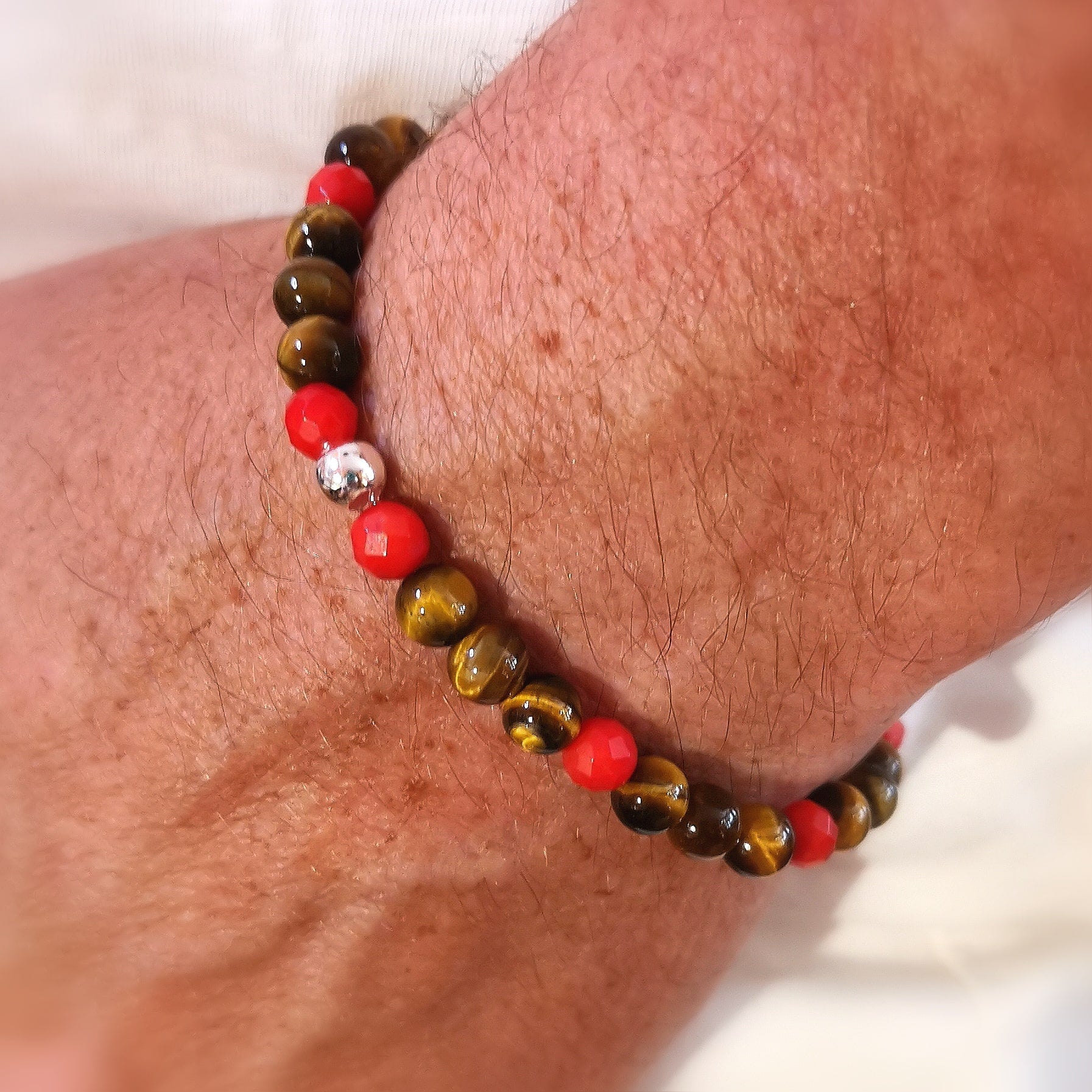 ❤️🟤 Pulsera Karma XL con Piedras Preciosas de Ojo de Tigre Coral, consagrada – Coraje y Perseverancia