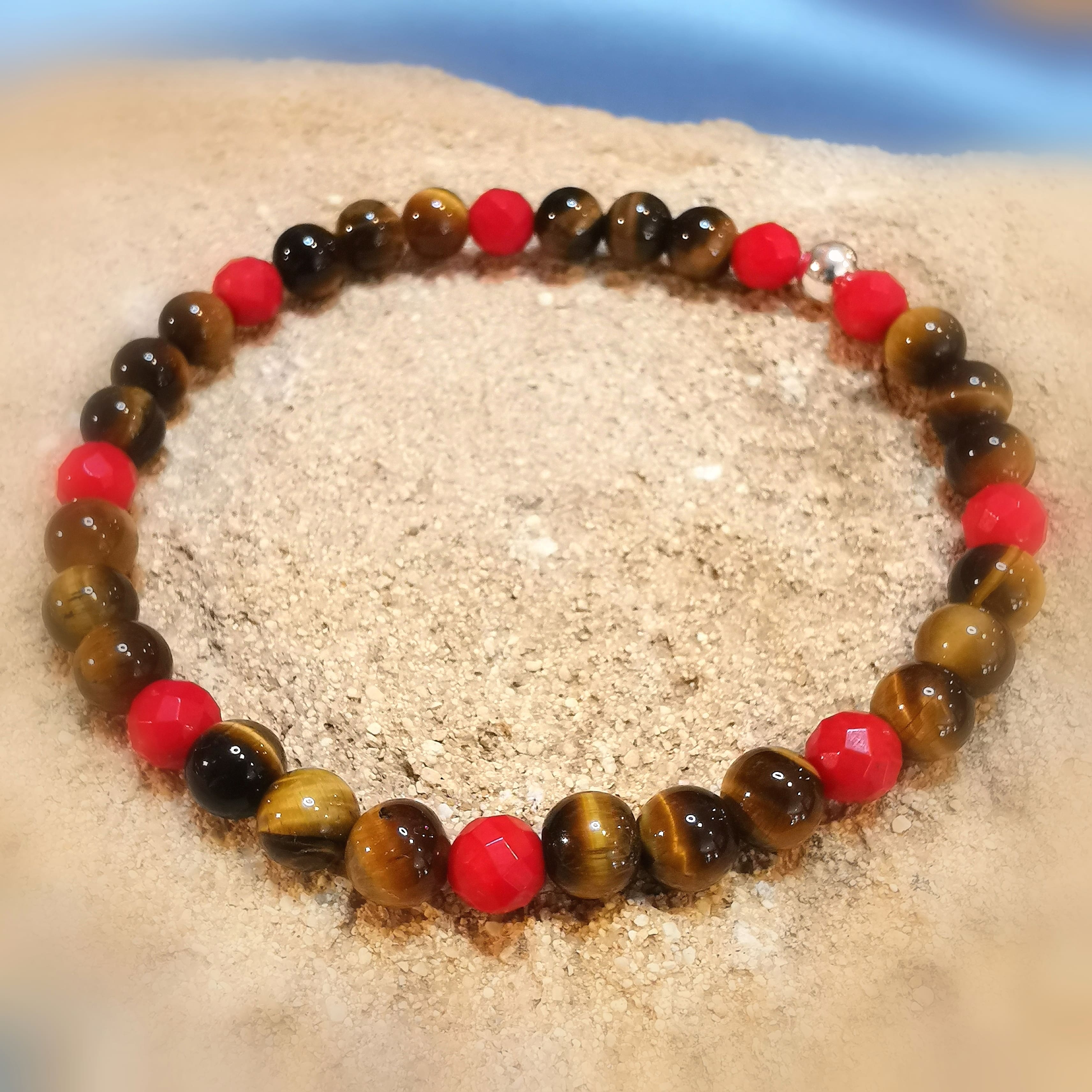 ❤️🟤 Pulsera Karma XL con Piedras Preciosas de Ojo de Tigre Coral, consagrada – Coraje y Perseverancia