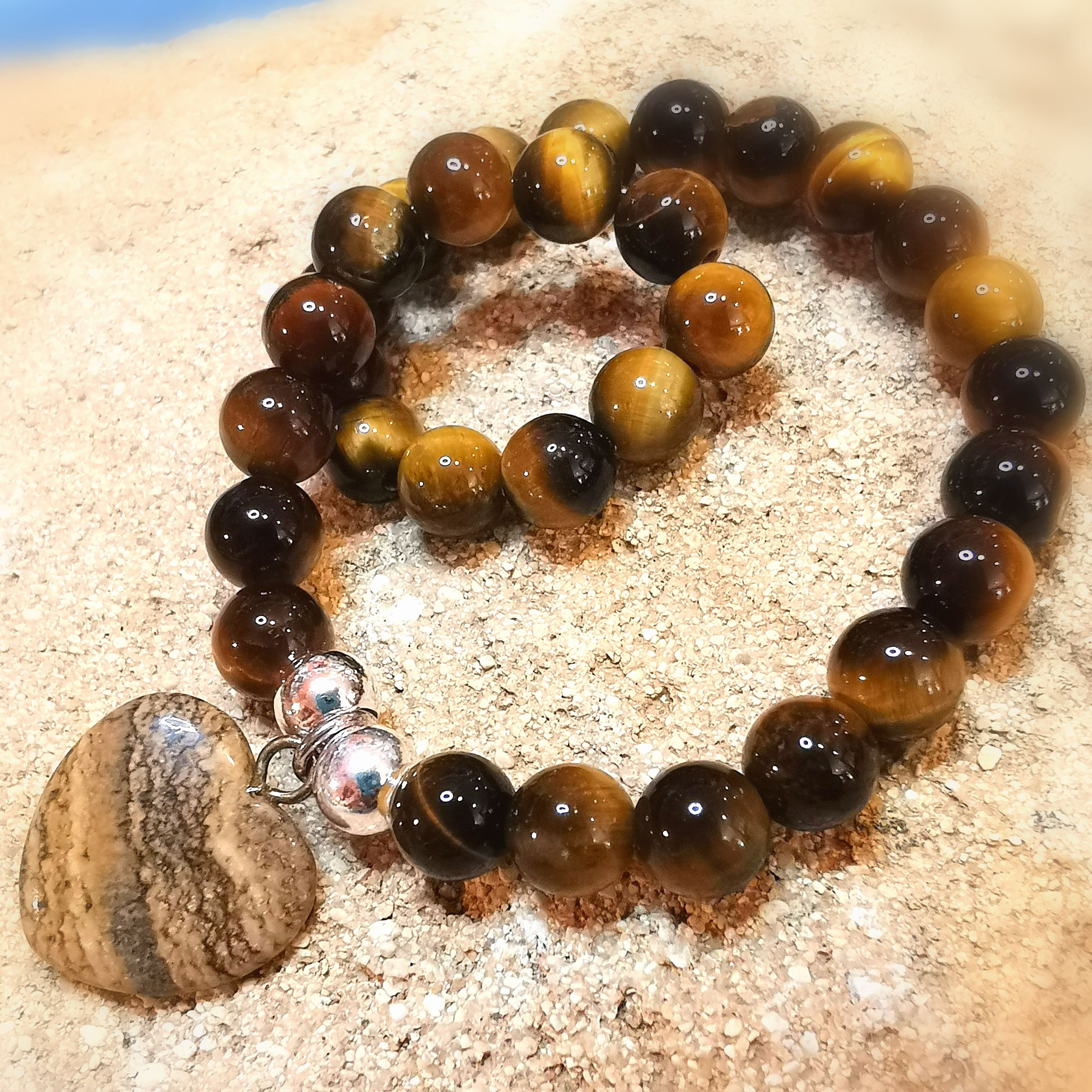 Herz Edelstein Karma Armband, Tigerauge braun, Heilstein Chakra wellness, Mut und Stärke