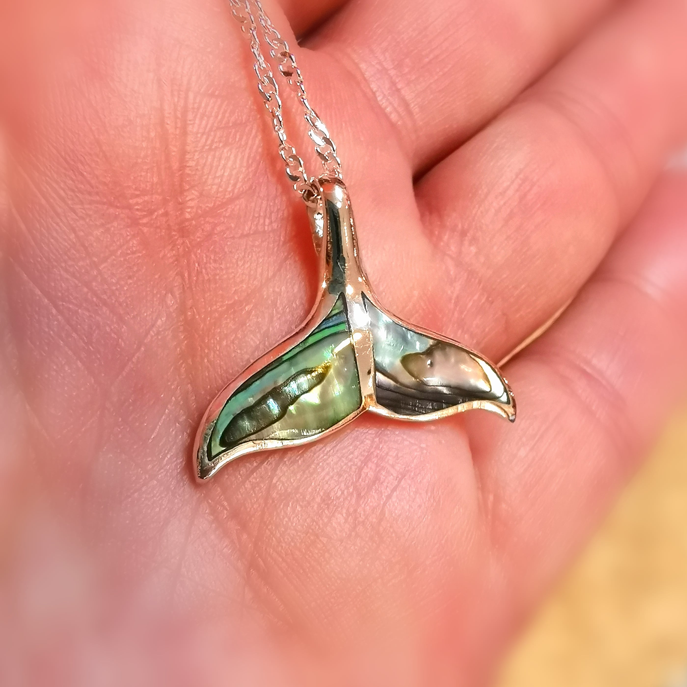 Walflosse Abalone Muschel Glücksbringer Karma Kette Sterlingsilber 50 cm, Krafttier Wal