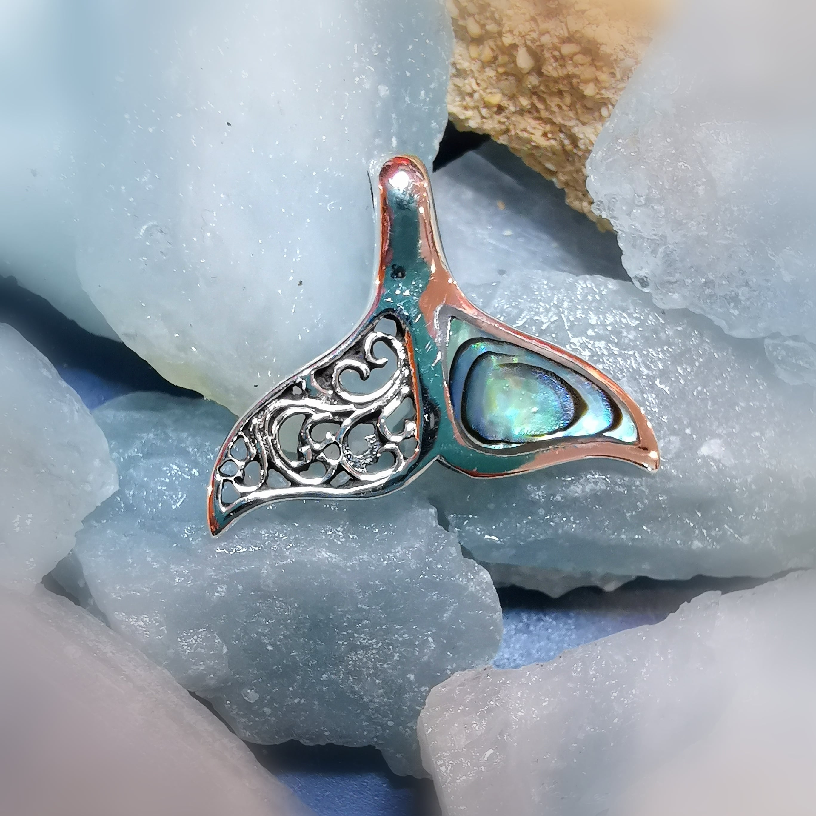 Whale Fin Abalone Shell Lucky Charm Karma Pendant Power Animal Whale, Sterling Silver, Live Intuitively