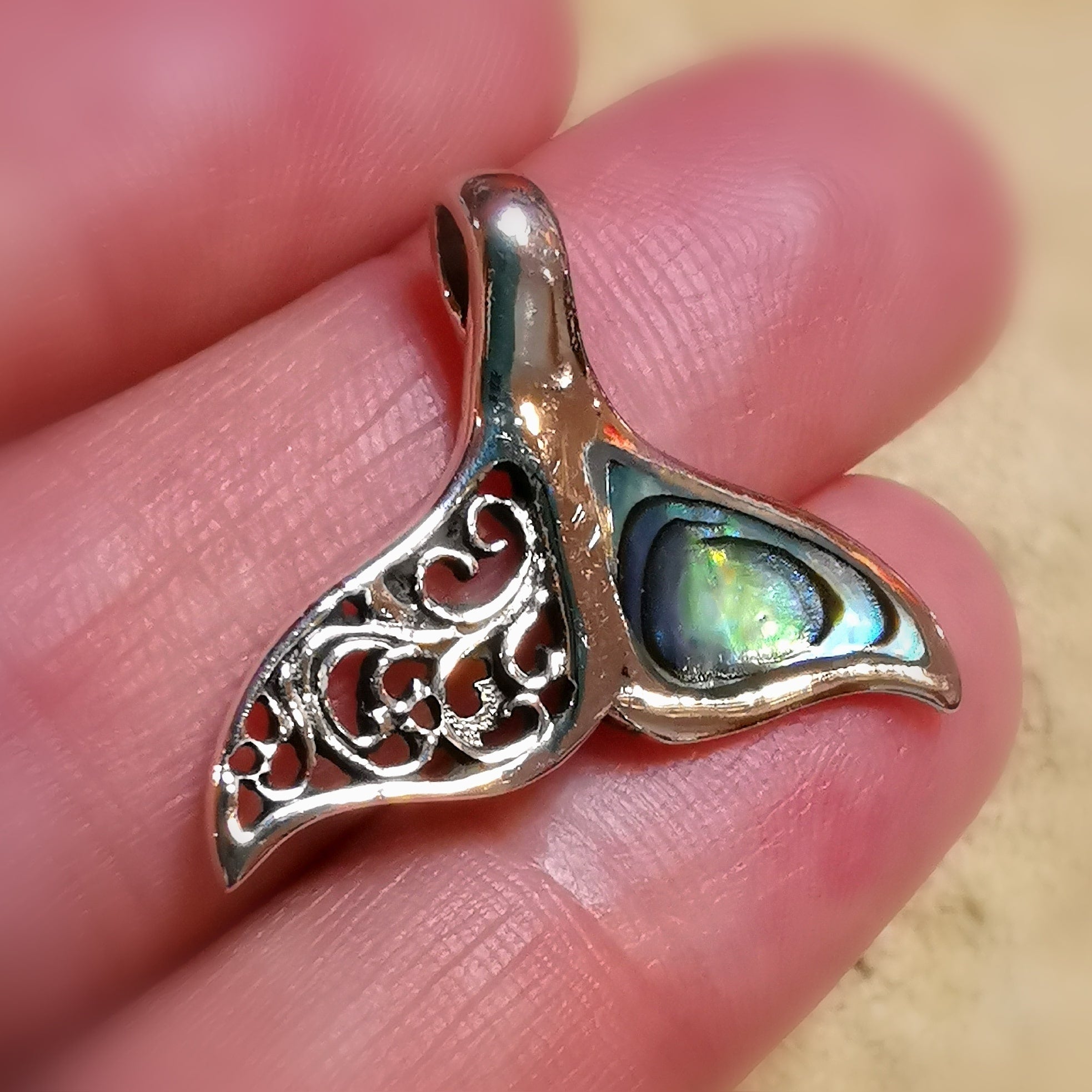 Whale Fin Abalone Shell Lucky Charm Karma Pendant Power Animal Whale, Sterling Silver, Live Intuitively