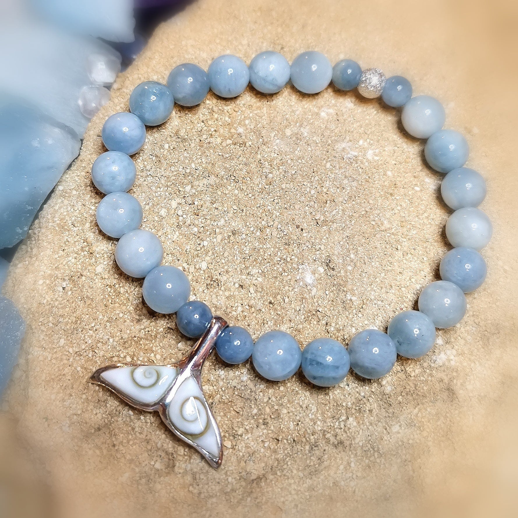 Aquamarin Edelstein Heilstein Shiva Auge Muschel Karma Armband, Glücksgefühl