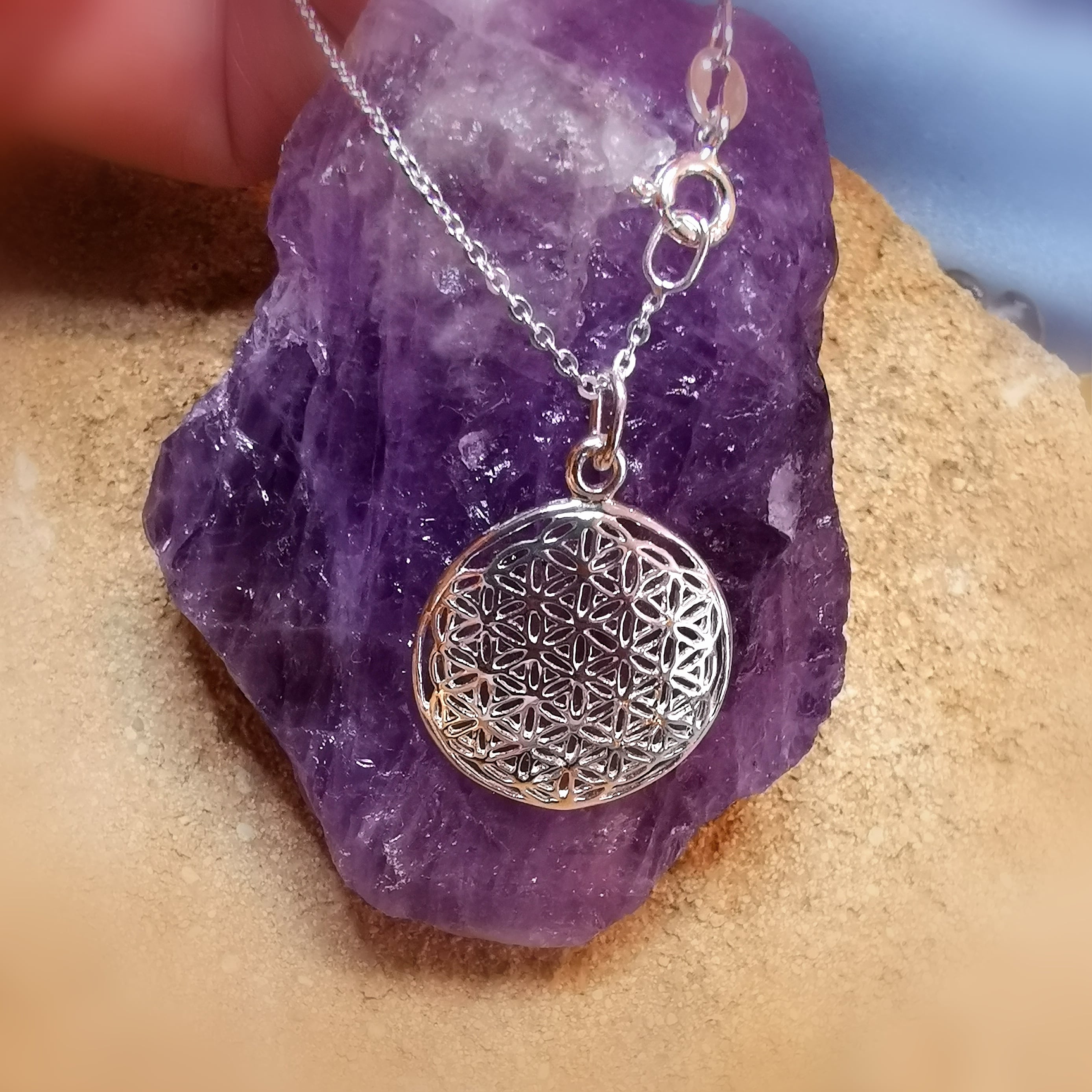 Mandala Lebensblume Karma Kette Sterlingsilber 45 cm, geweiht - Harmonie