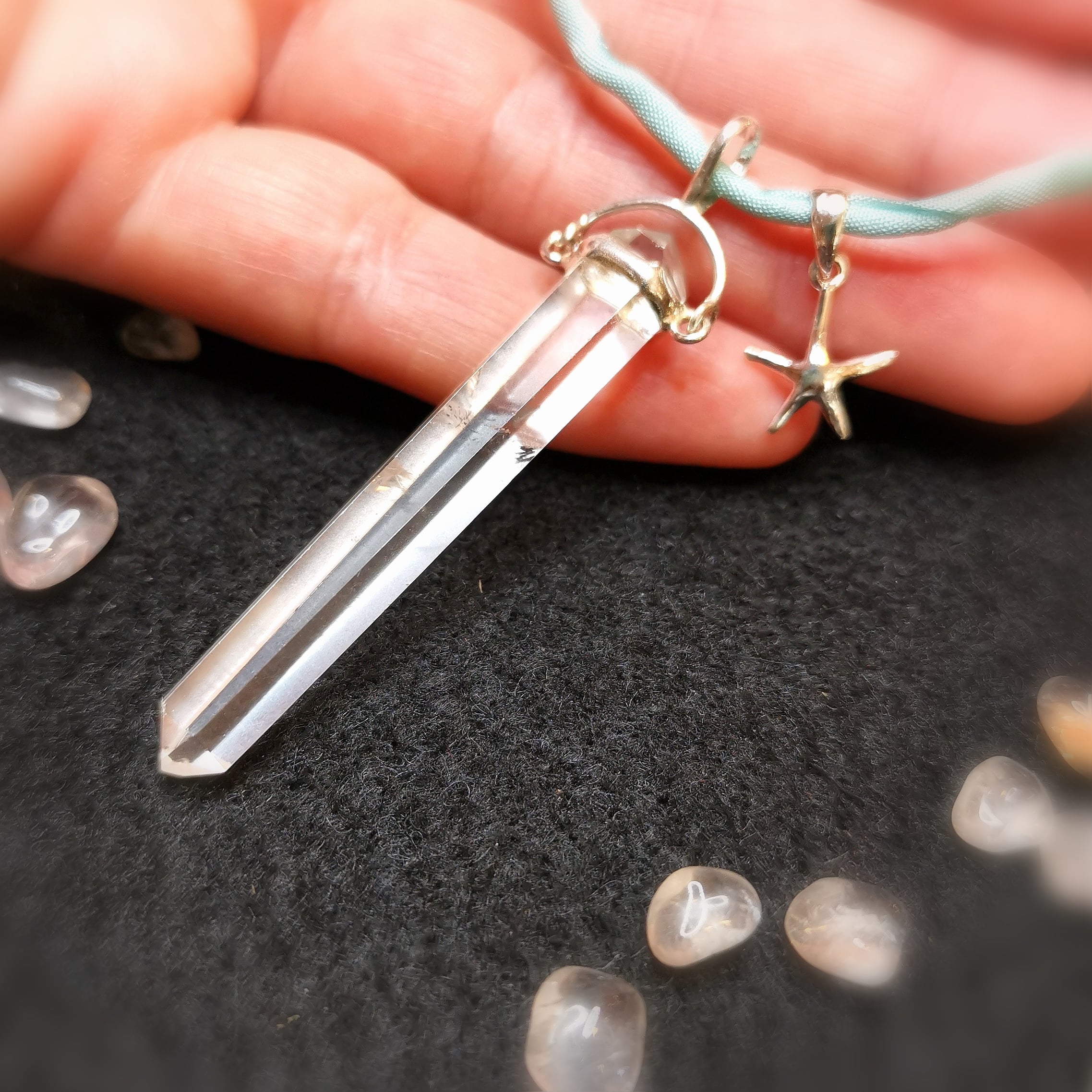 Bergkristall Spitze XL Edelstein Seestern Chakra Karma Kette an Seide, Aura Wellness - geweiht, Transformation zur Harmonie