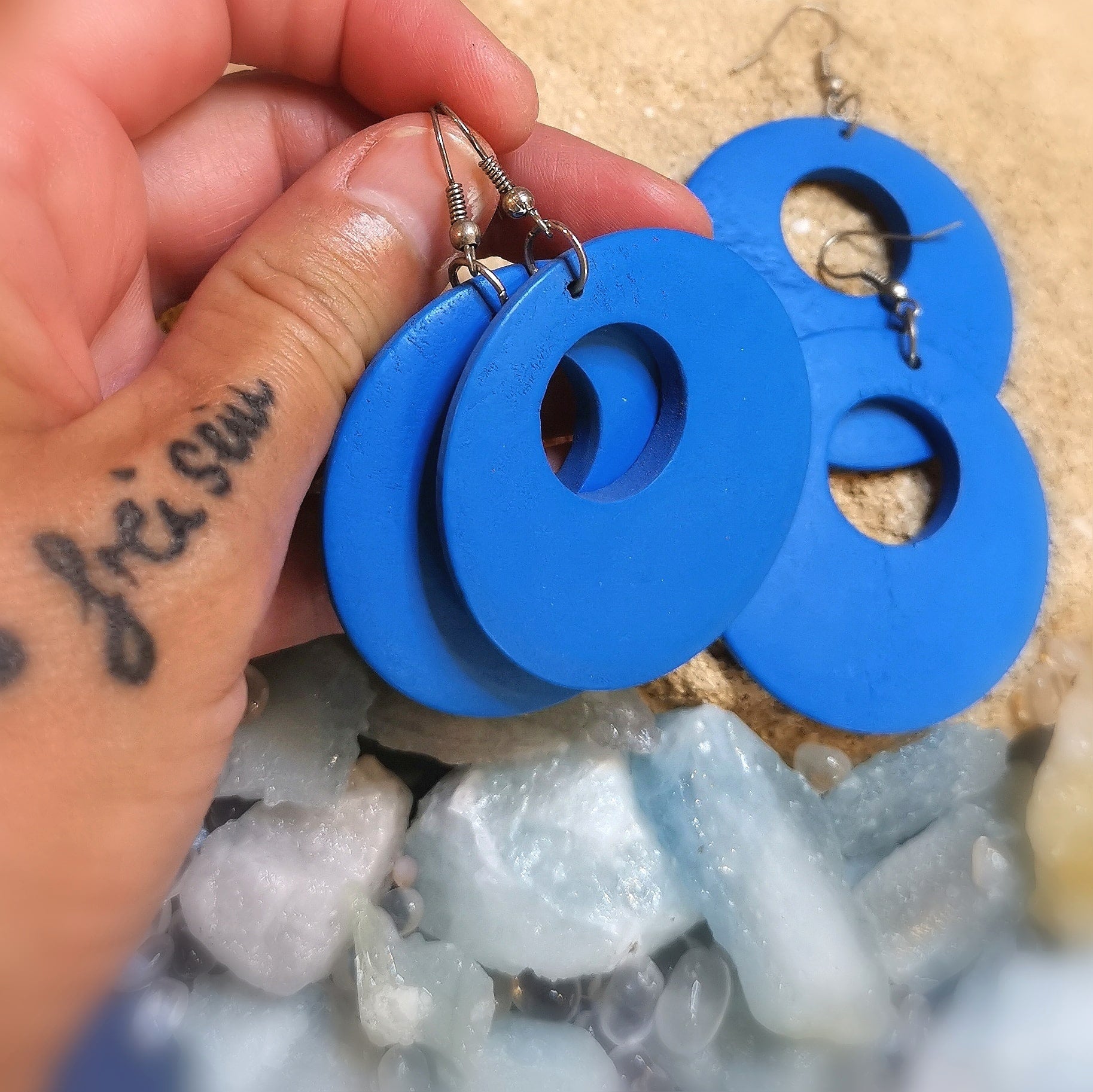 wasser blau: Holz Ohrringe Ohrschmuck Hänger Sterlingsilber Hippie Stil sommerfrisch
