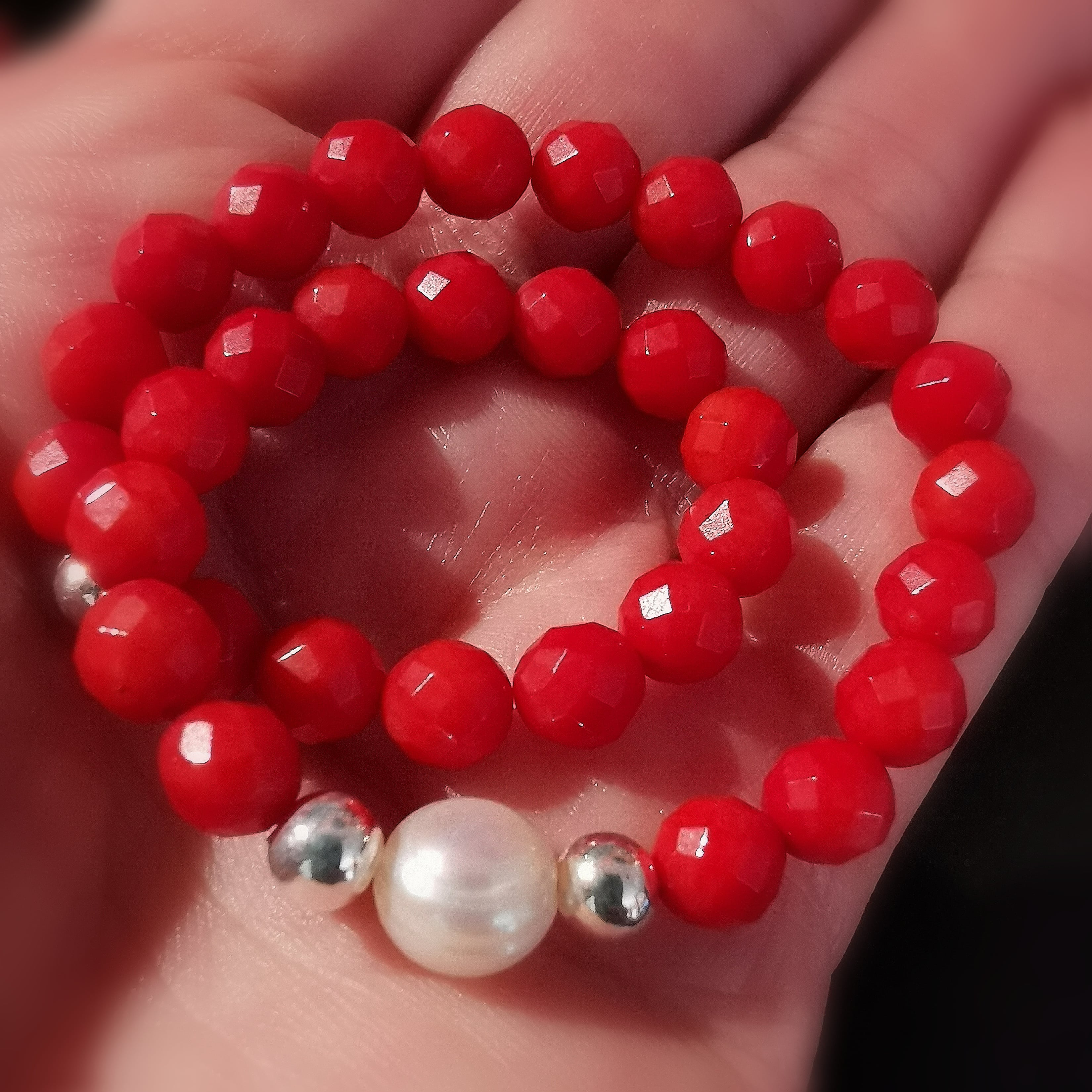 rote Koralle Perle Karma Armband XL 20 cm, geweiht, Lebensfreude