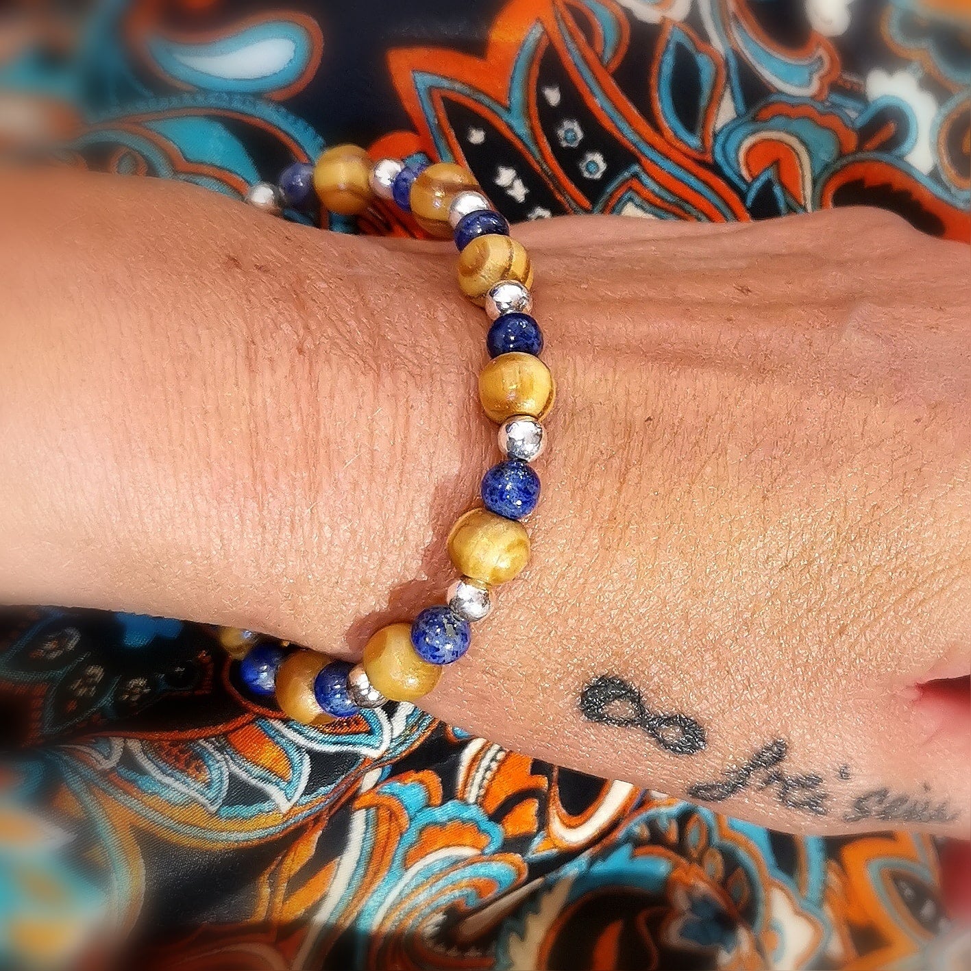 Lapislazuli Pinienholz Edelstein Chakra Karma Edelstein Armband Seide blau natur- Himmel und Erde