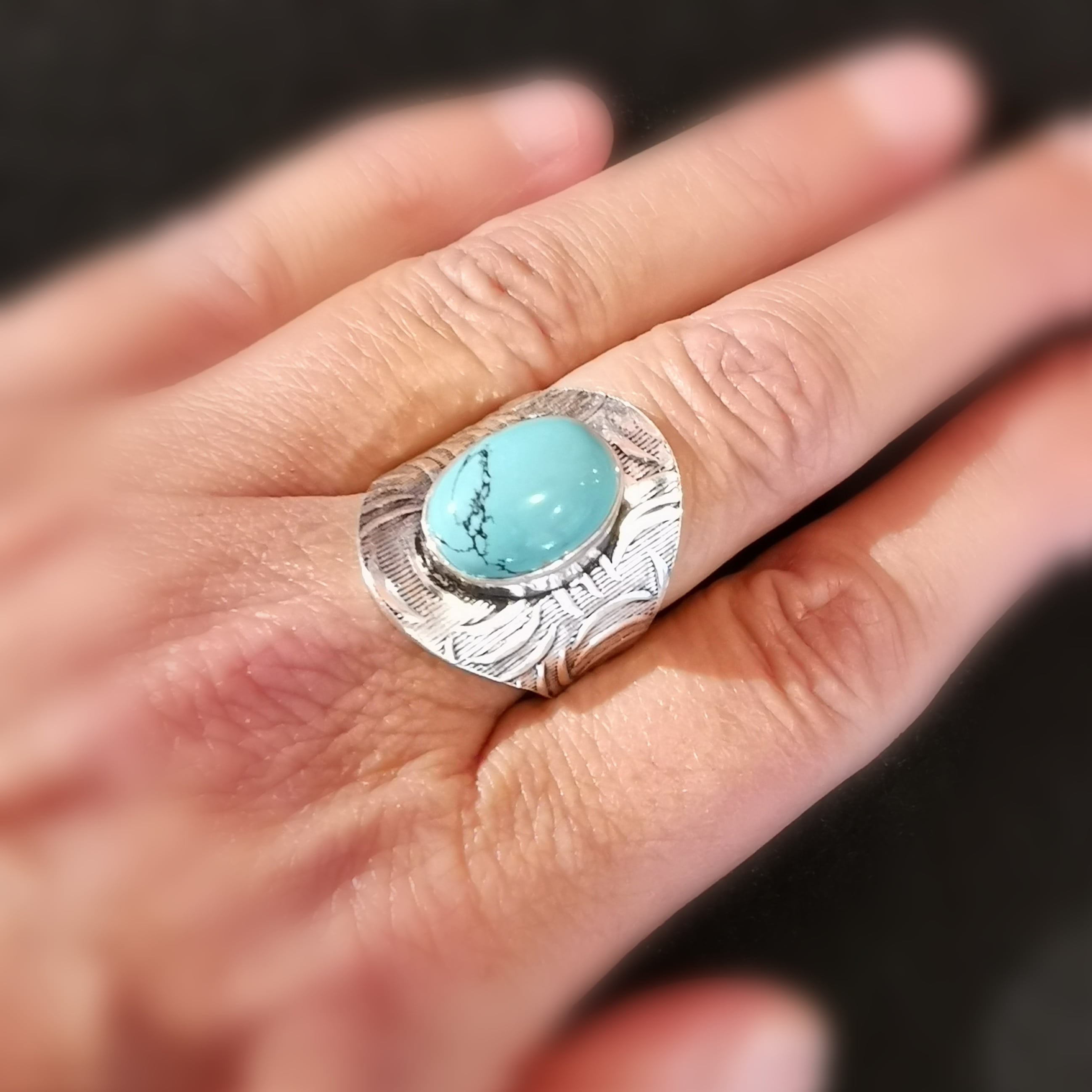 Türkis Magnesit Design Edelstein Heilstein Sterlingsilber Ring, Größe 58 - neue Kraft