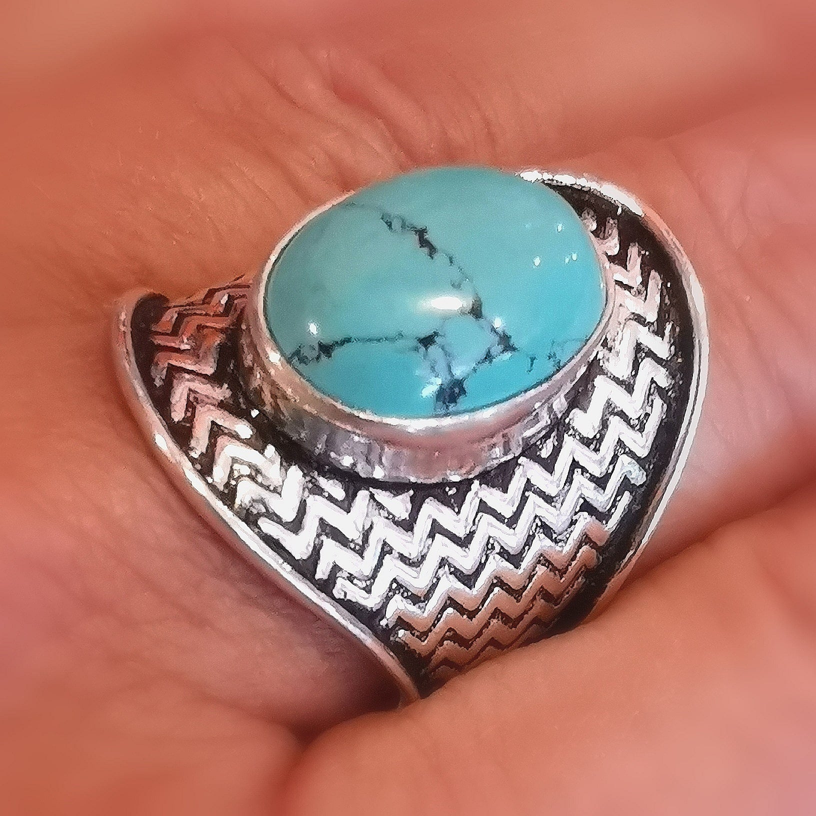 Heilstein Türkis Magnesit edles Hippie Design Edelstein Heilstein Sterlingsilber Ring, Größe 58 - neue Kraft