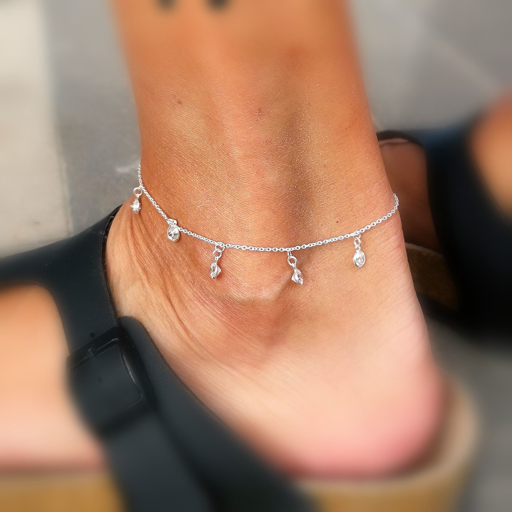 ✨ Glitter Crystal Anklet Sterling Silver – White Zircon Faceted ✨