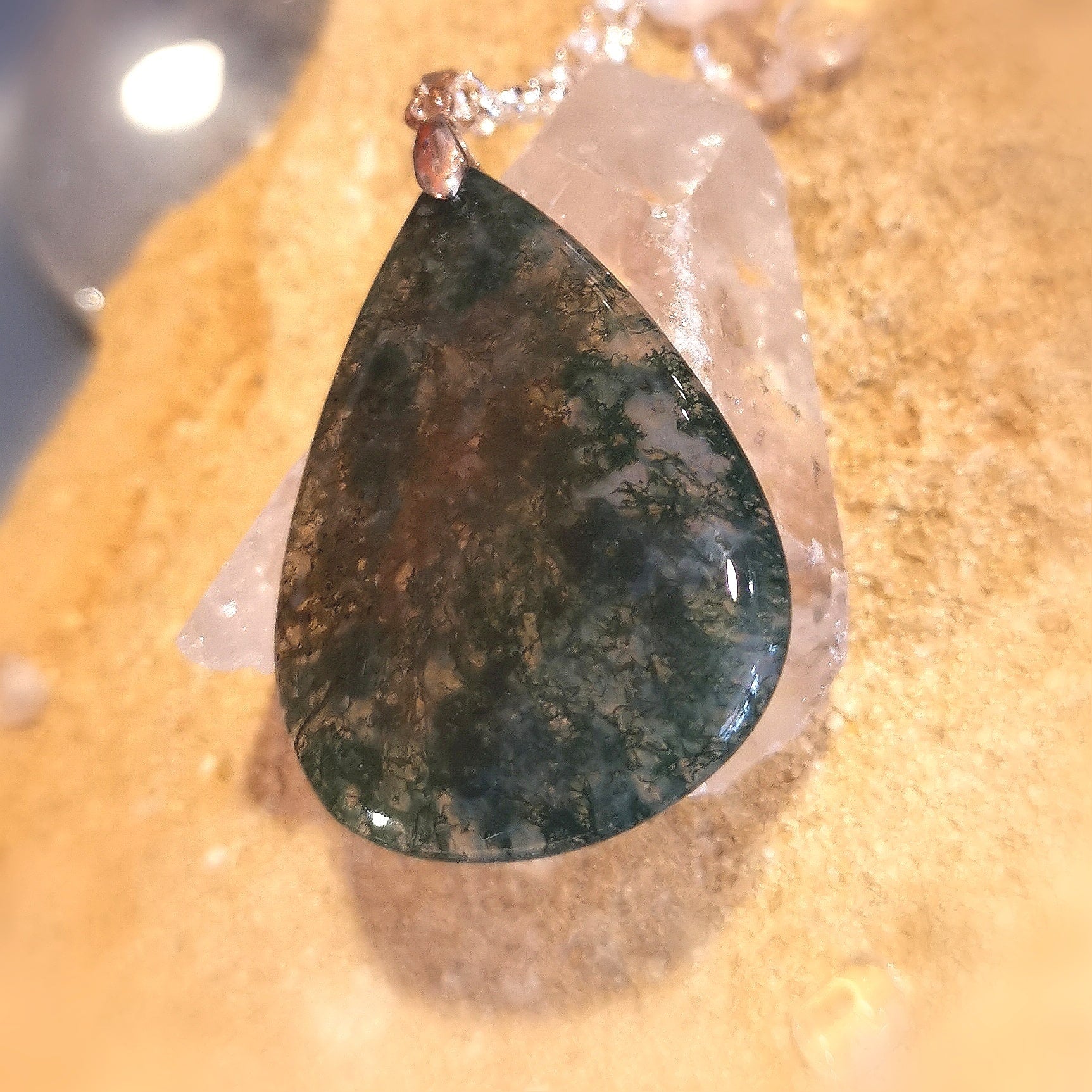edle Moosachat Edelstein Heilstein Karma Kette Sterlingsilber 50 cm, geweiht - Freiheit der Seele