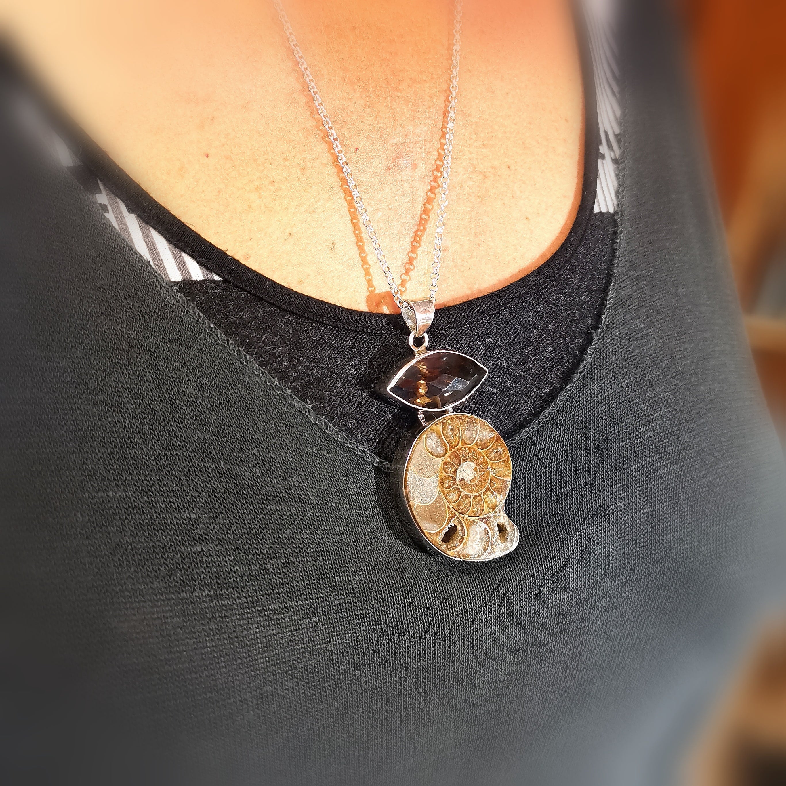 edle Ammonit Citrin, Fossil Edelstein Heilstein Karma Kette XL, geweiht - Erneuerung