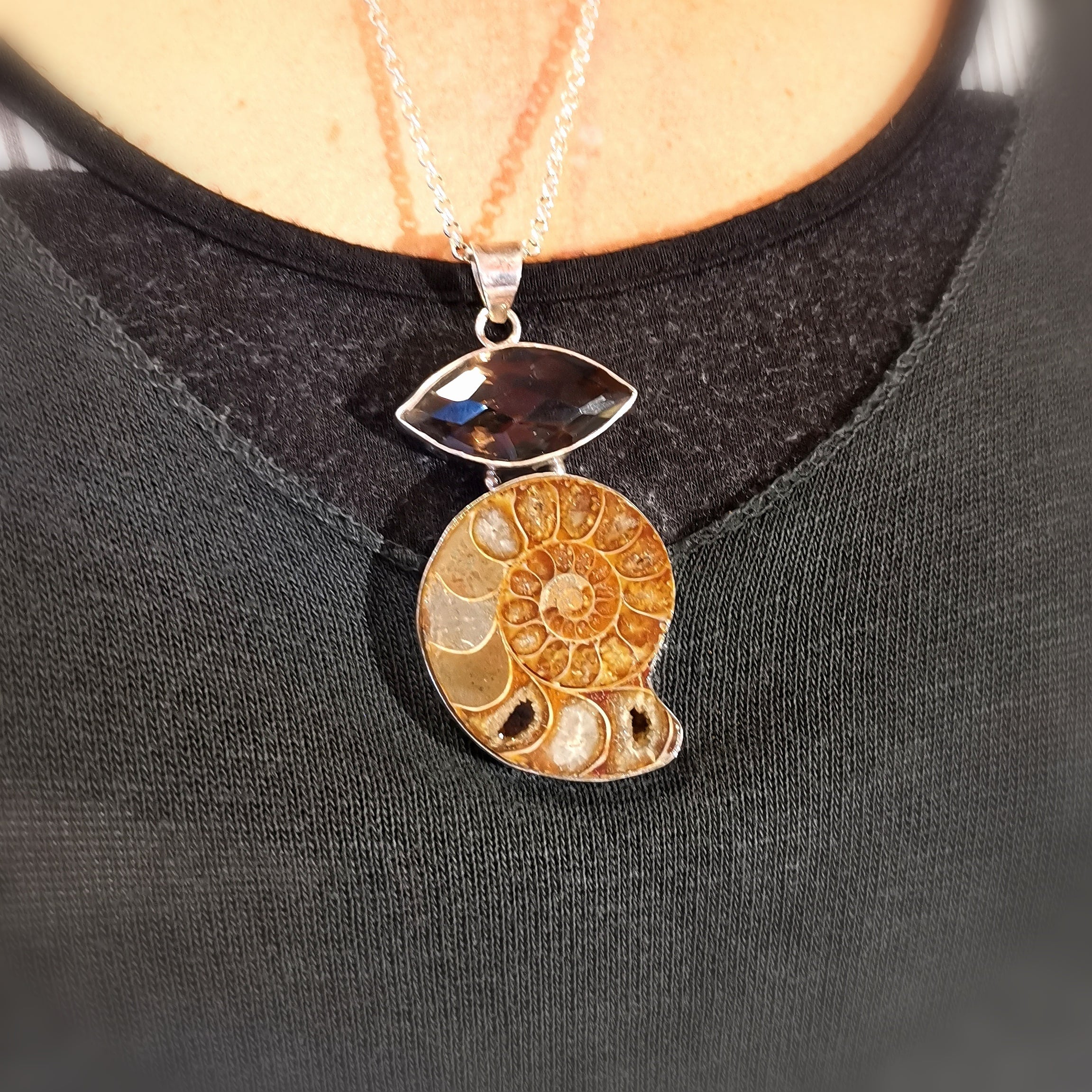 edle Ammonit Citrin, Fossil Edelstein Heilstein Karma Kette XL, geweiht - Erneuerung