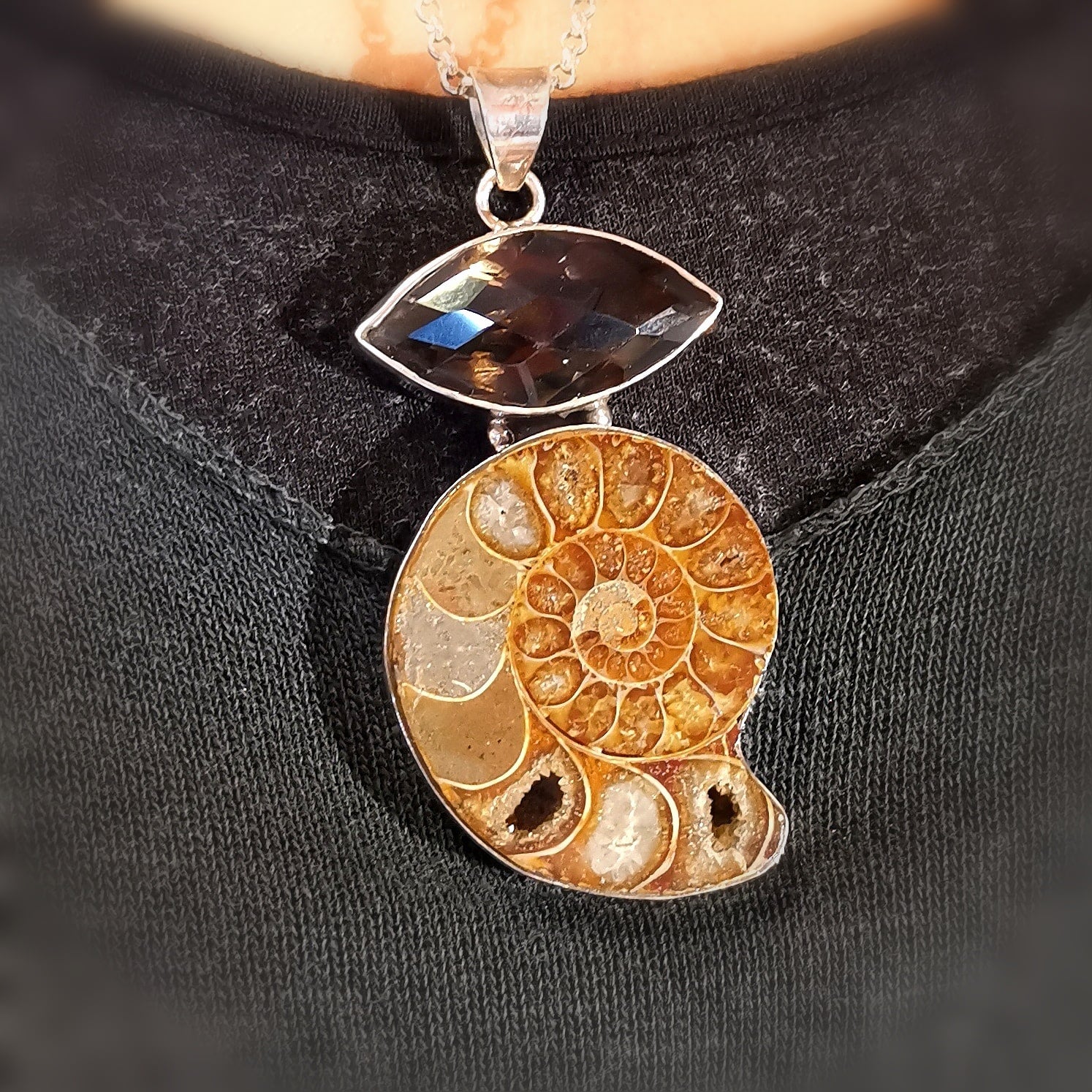 edle Ammonit Citrin, Fossil Edelstein Heilstein Karma Kette XL, geweiht - Erneuerung
