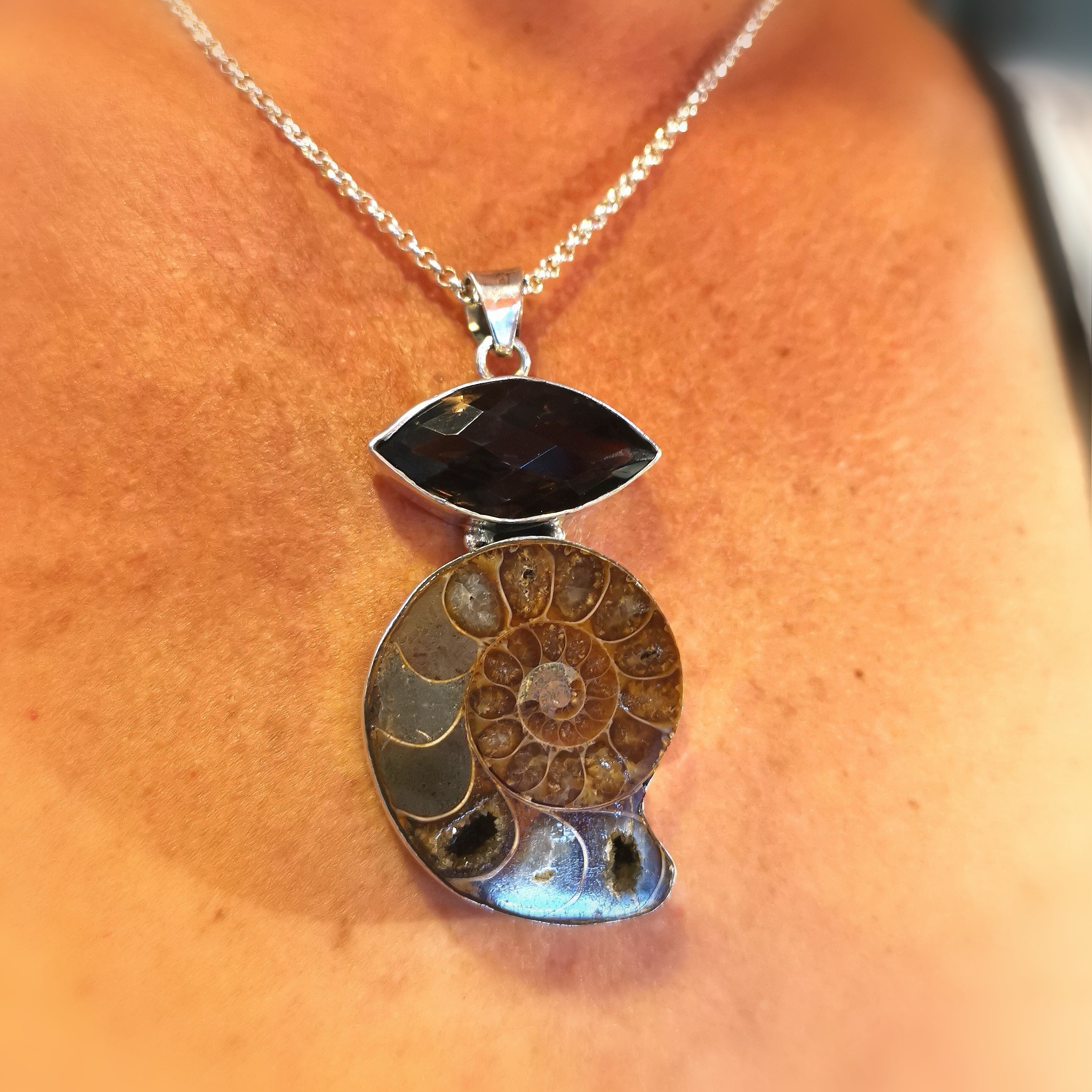 edle Ammonit Citrin, Fossil Edelstein Heilstein Karma Kette XL, geweiht - Erneuerung