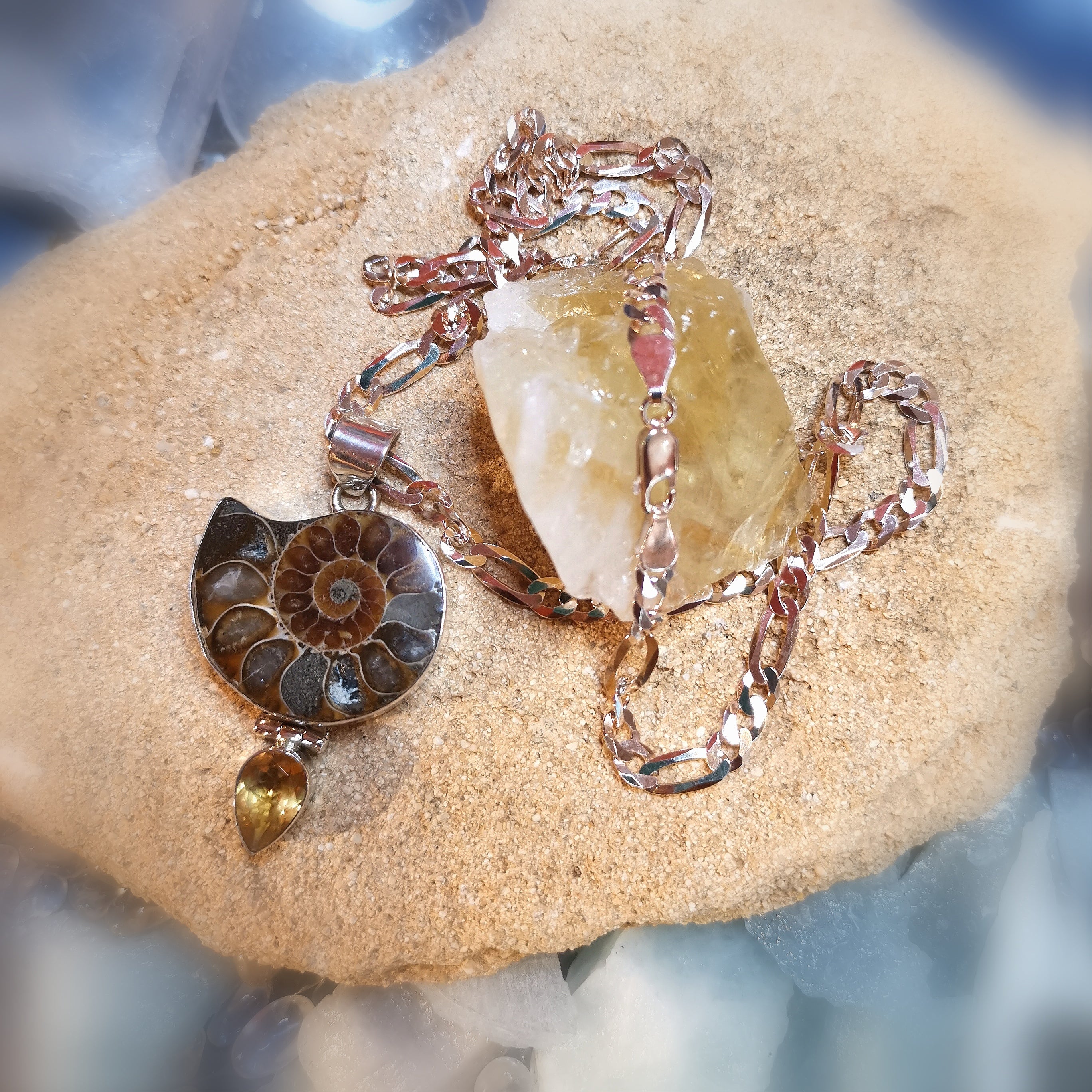 🌊 Ammonit & Citrin Karma Kette XL – geweiht für Lebensfreude, Mut & inneres Licht