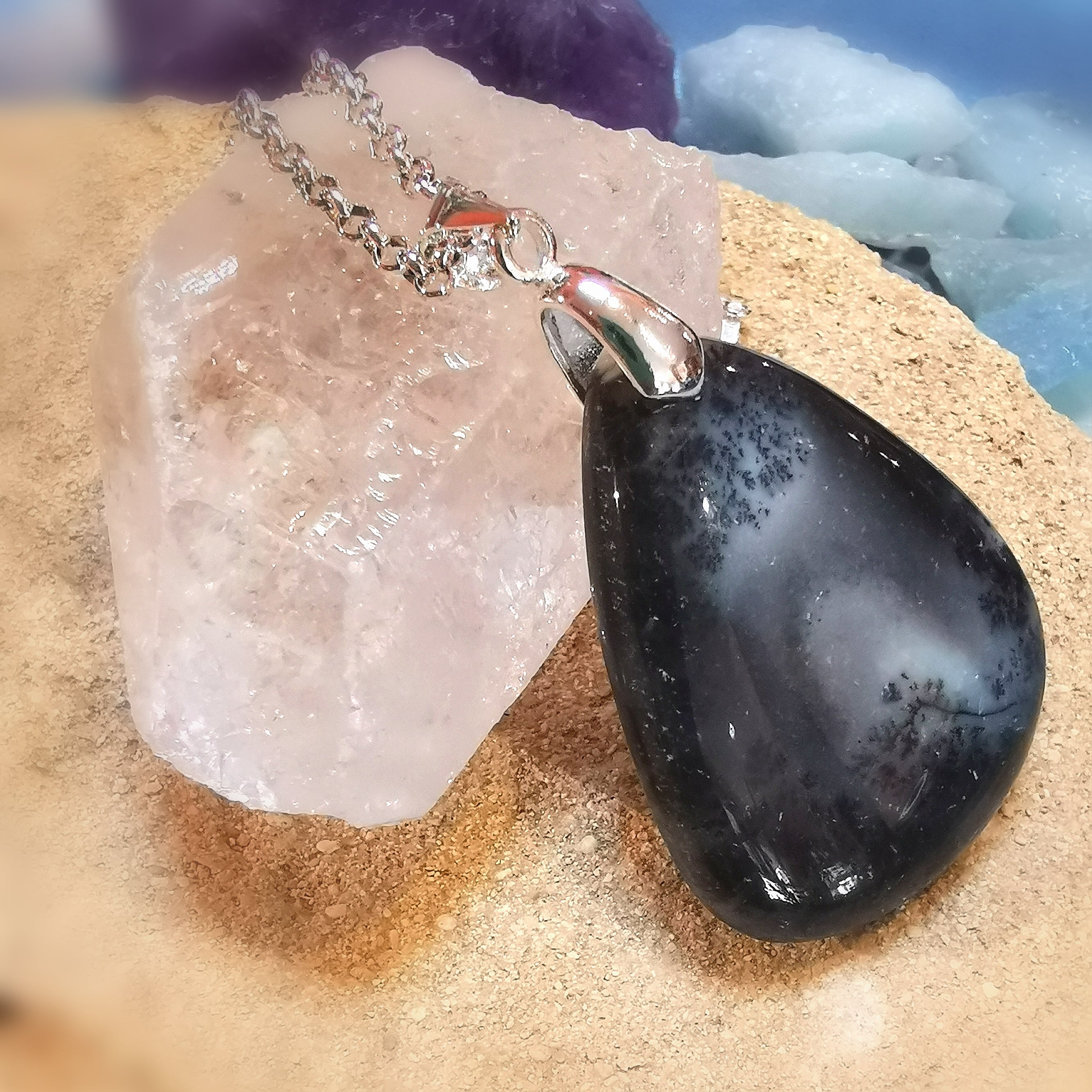 edle Merlinit Karma Kette 60 cm, Edelstein Anhänger Dendritenopal AA Qualität, Schönheit des Lebens