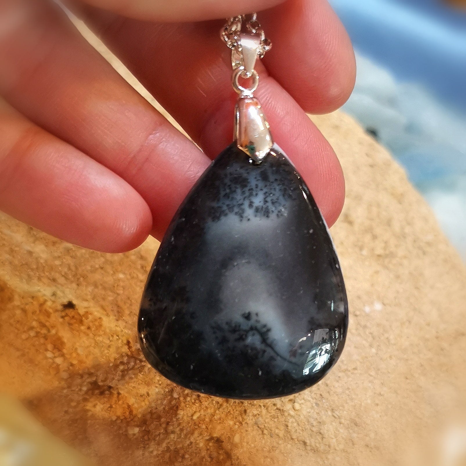 edle Merlinit Karma Kette 60 cm, Edelstein Anhänger Dendritenopal AA Qualität, Schönheit des Lebens