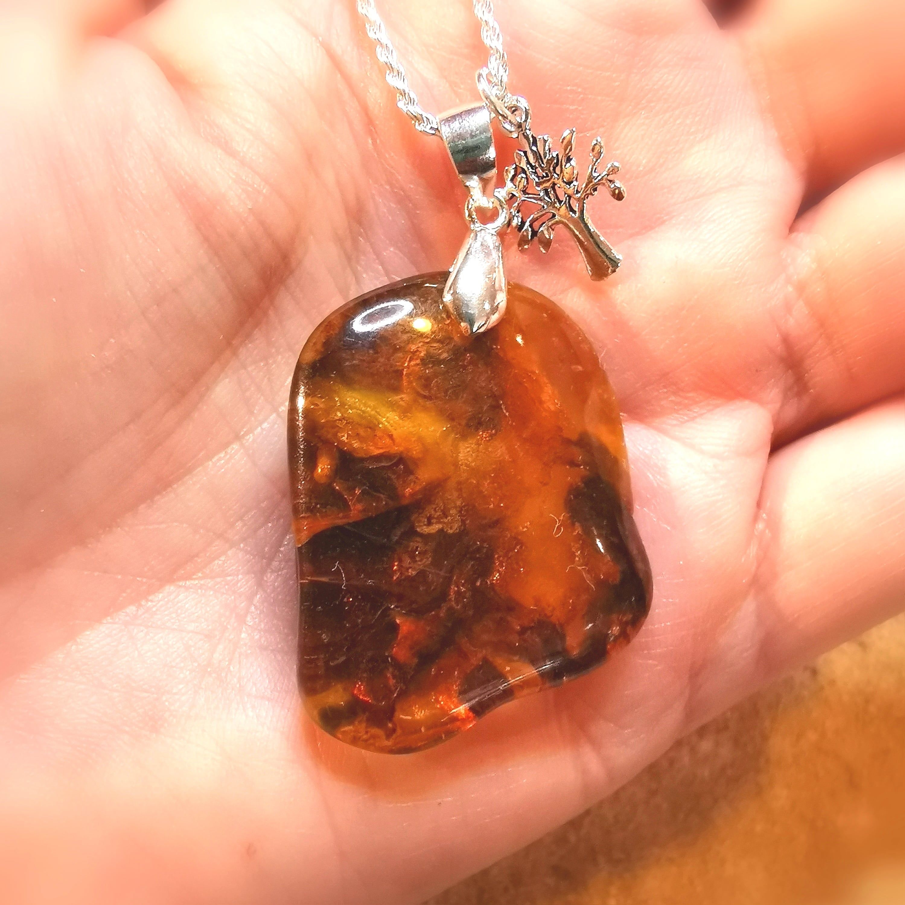 Bernstein Lebensbaum Karma Kette XL, Heilstein Harz & Sterlingsilber, geweiht - Lebenskraft