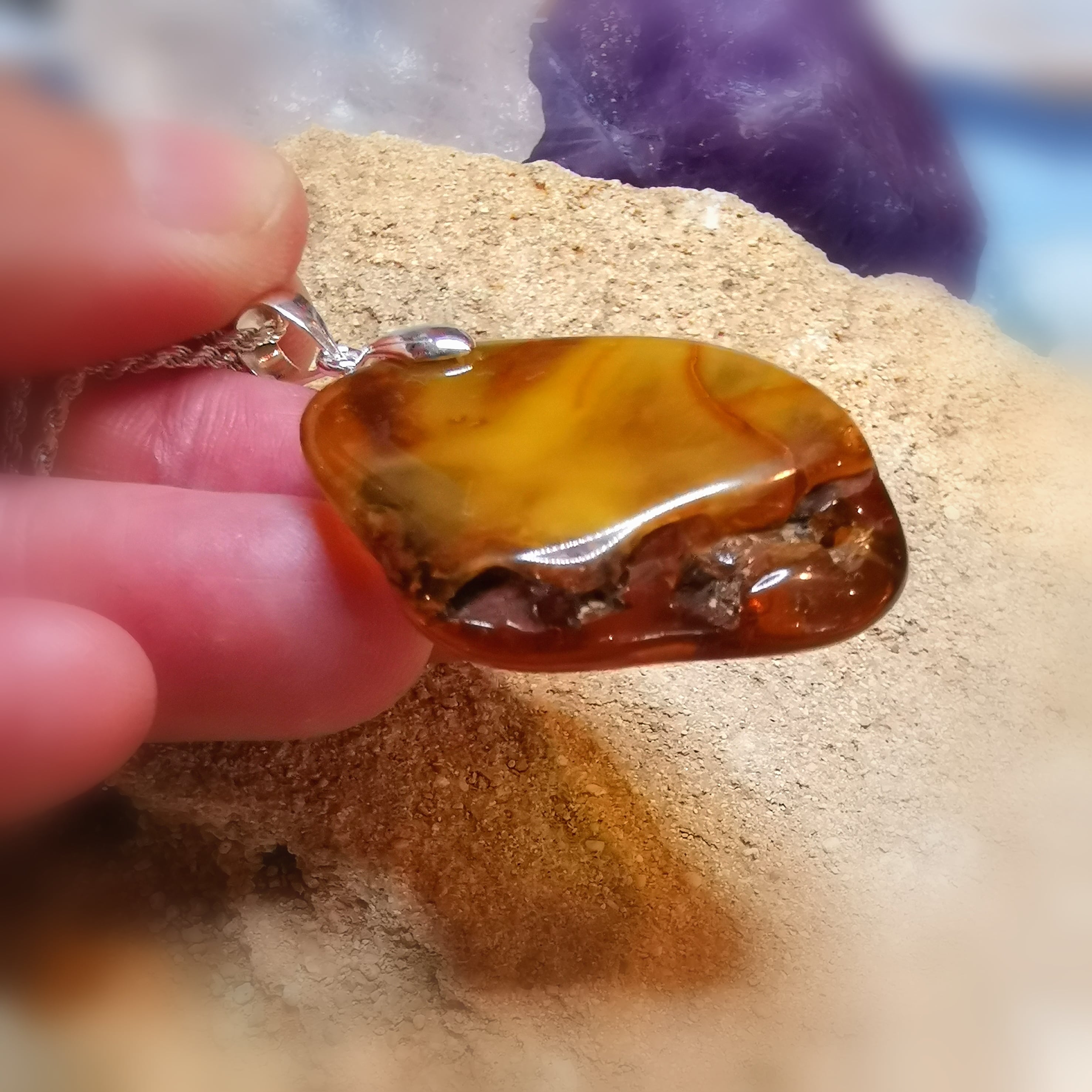 Bernstein Lebensbaum Karma Kette XL, Heilstein Harz & Sterlingsilber, geweiht - Lebenskraft