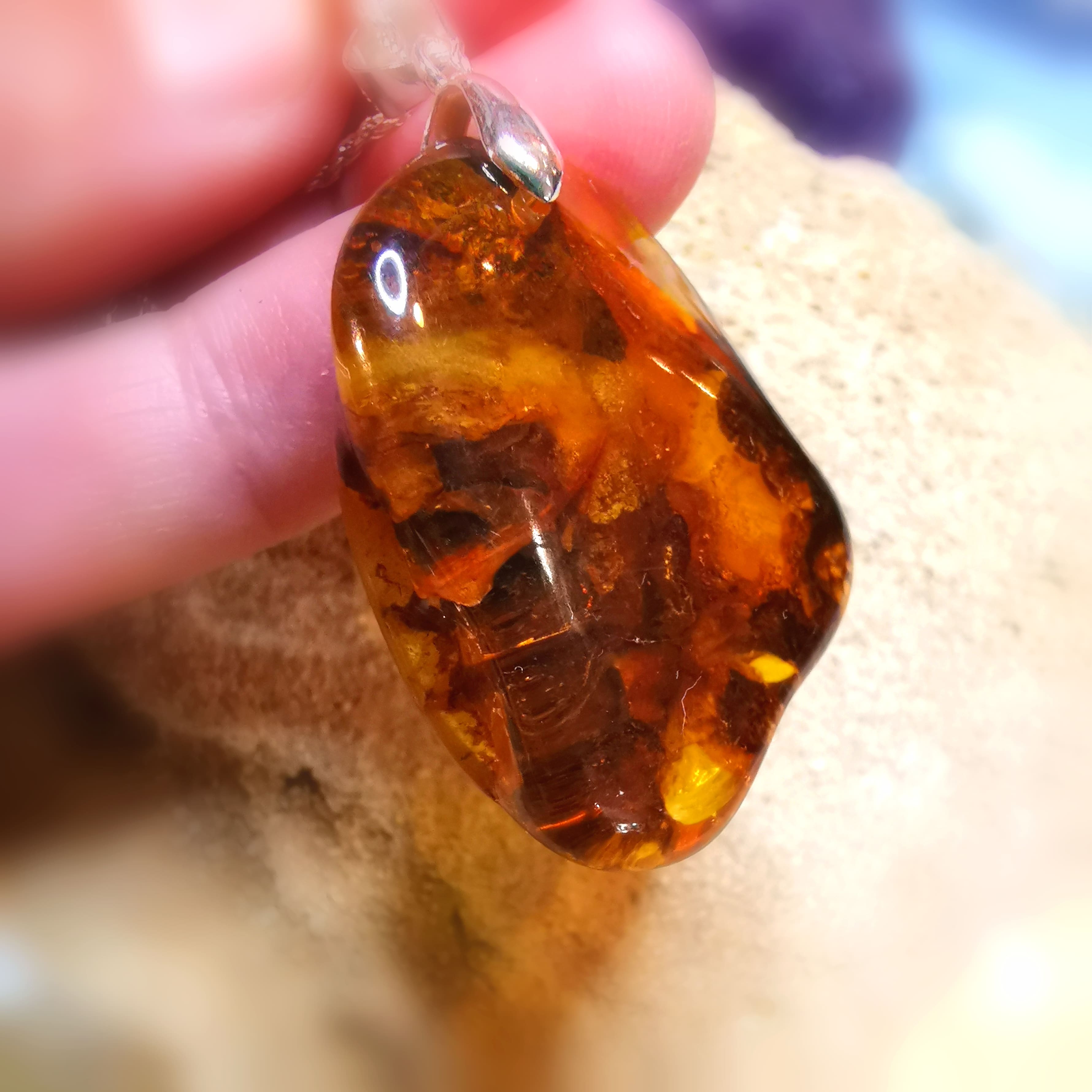 Bernstein Lebensbaum Karma Kette XL, Heilstein Harz & Sterlingsilber, geweiht - Lebenskraft