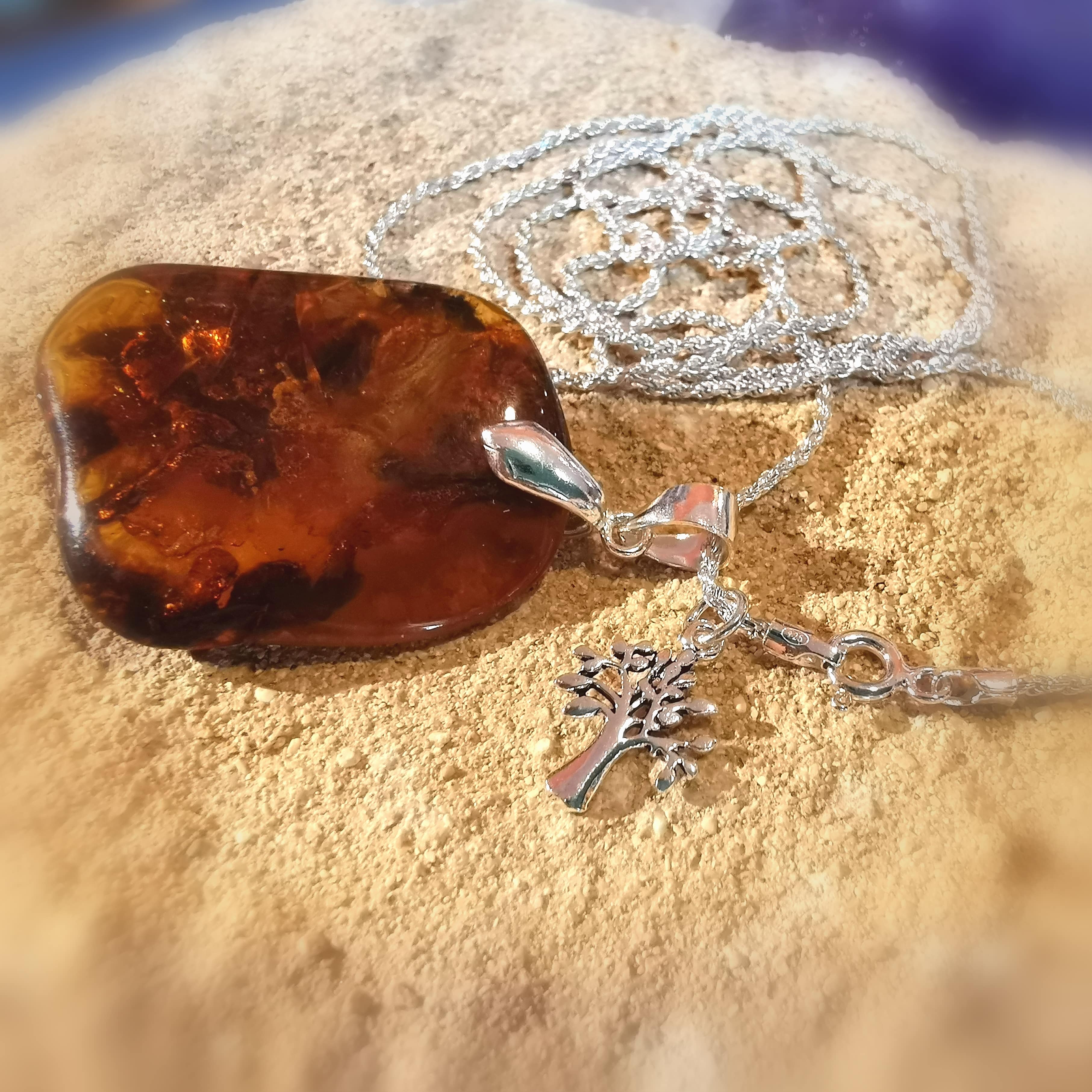 Bernstein Lebensbaum Karma Kette XL, Heilstein Harz & Sterlingsilber, geweiht - Lebenskraft